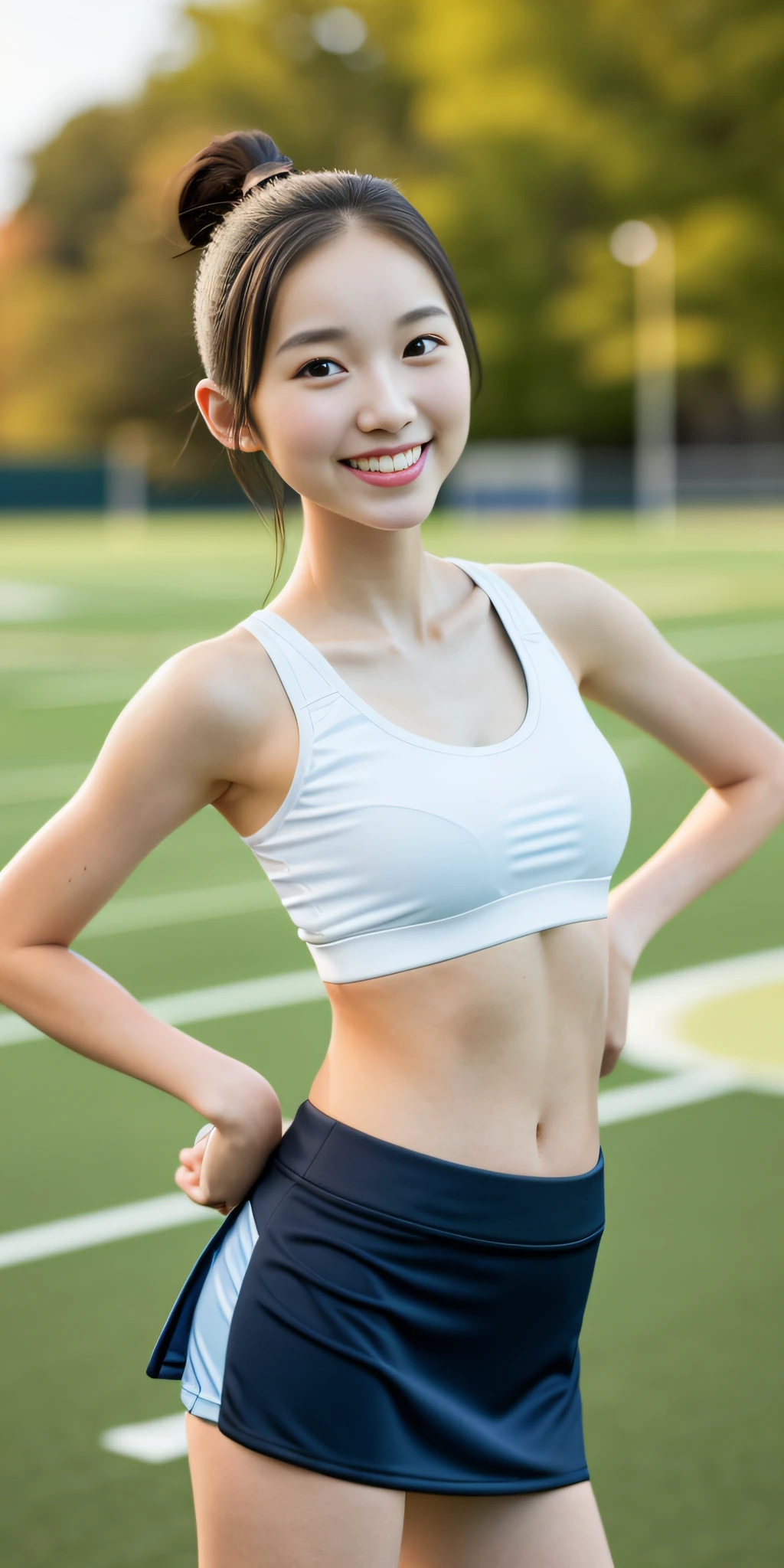Neat college girl, ite person, (skirt, sports bra), outside the athletic field, (slim), photorealistic, detail, skin texture, ultra detail, delicate sexy collarbone, smile, super detailed face, detailed lips, detailed eyes, small breasts, small, small breasts, small, flat breasts, flat
