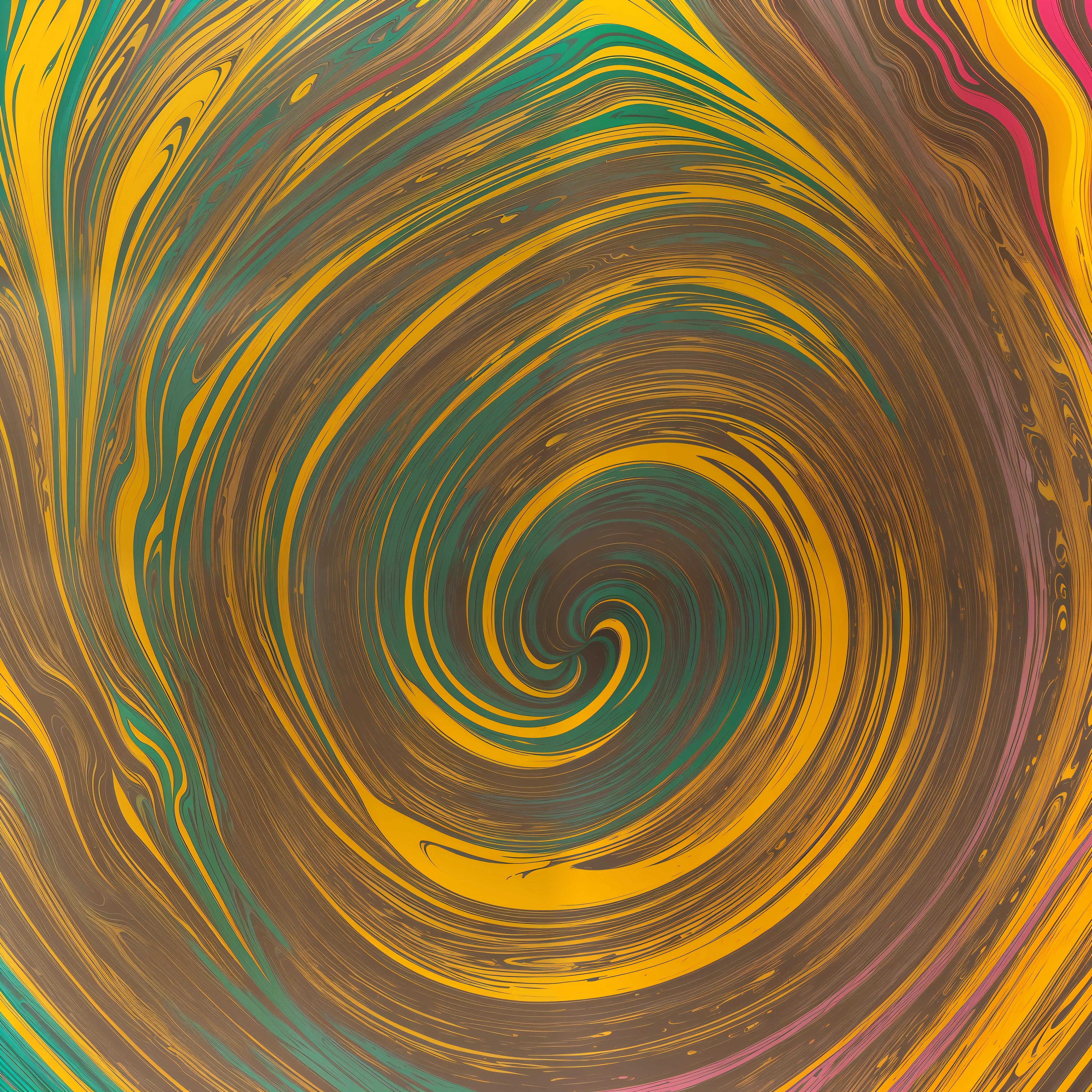 Abstract background of fluid painting with a yellow swirl as the focal point, surrounded by 3D cylindrical cells in vibrant shades of green, black, red, white and gold. The liquid fluid abstract art oozes softly, combining intricate and phosphorescent neon paint, resulting in a bright and radiant painting. The background features a gold marbled paper effect, while the swirling liquids create a unique and dynamic aesthetic. The swirls of "synthistilling" paint add a touch of magic to the composition. The end result is a work of art that embodies the beauty of spilled painting and marbled neon aesthetics, capturing the imagination and illuminating any environment. --auto --s2