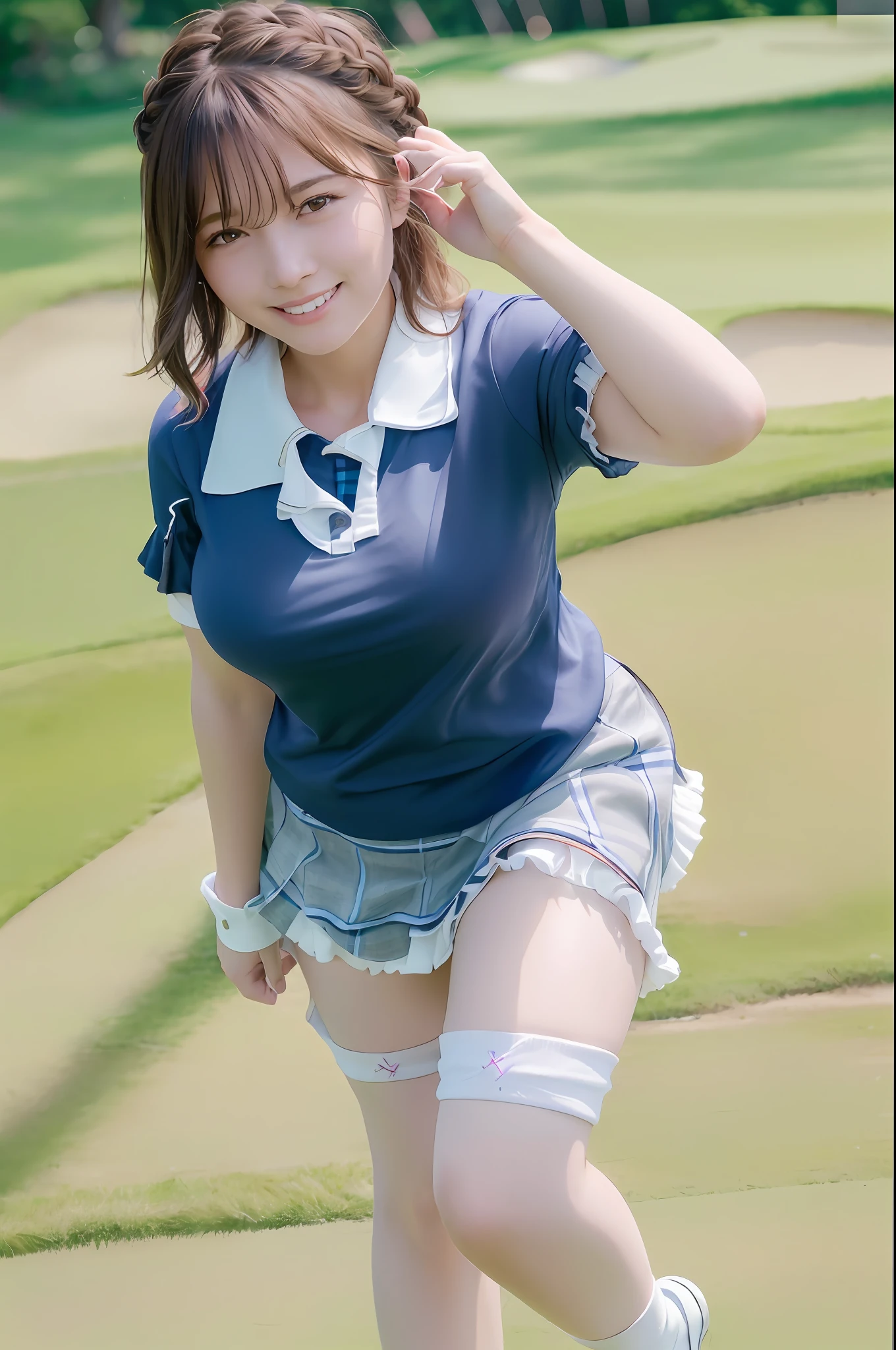 (skin spots: 1.2), (skin dentation), Black eyes, 1 female, 25 years old, ((((Female))), Solo, Real, Best Quality, Photorealistic, Masterpiece, 8K, High resolution, Solo, Very detailed face, (Professional lighting, Bokeh), (Light particles, Lens flare, Luminous particles: 0.6), (Dynamic Pause: 1.7), Soft lighting, Top angle view, Fashionable and trendy atmosphere, Golf course, ((daytime)), Sky, ((Viewers: 1)), (Watching the camera), (Portrait: 0.6), Gorgeous, standing, keep the original facial proportions, Wide shoulders, Full body, (huge breasts), Too huge breasts, (short hair), Brown hair, Floating hair, Braided hair, Lips, Lipstick, Seductive smile, Floating hair, Braided hair, Smile, open_mouth, teeth, (((women's golf wear)), (ruffled tops)), ((checked tight skirts)), ((knee socks)), sun visor, eyelashes, moles, (moles under eyes: 1)