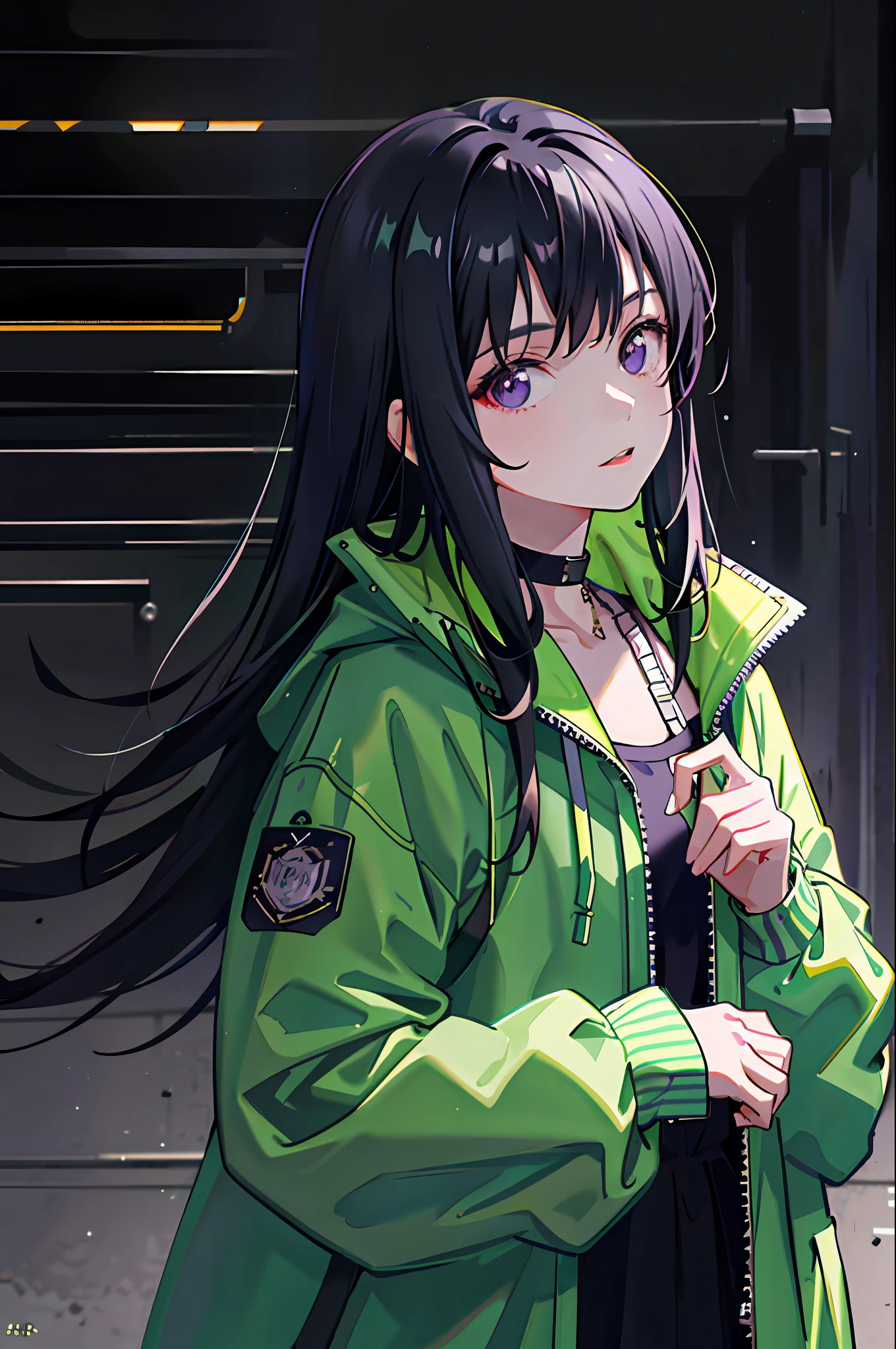 1girl, green jacket, rain, outdoor, sweatshirt, open jacket, choker, backpack, looking at another, long messy black hair with purple gradient on bangs, long hair, trend on artstation, 8k resolution, highly detailed, anatomically correct, sharp image, digital painting, concept art, trend on pixiv, Makoto Shinkai style,