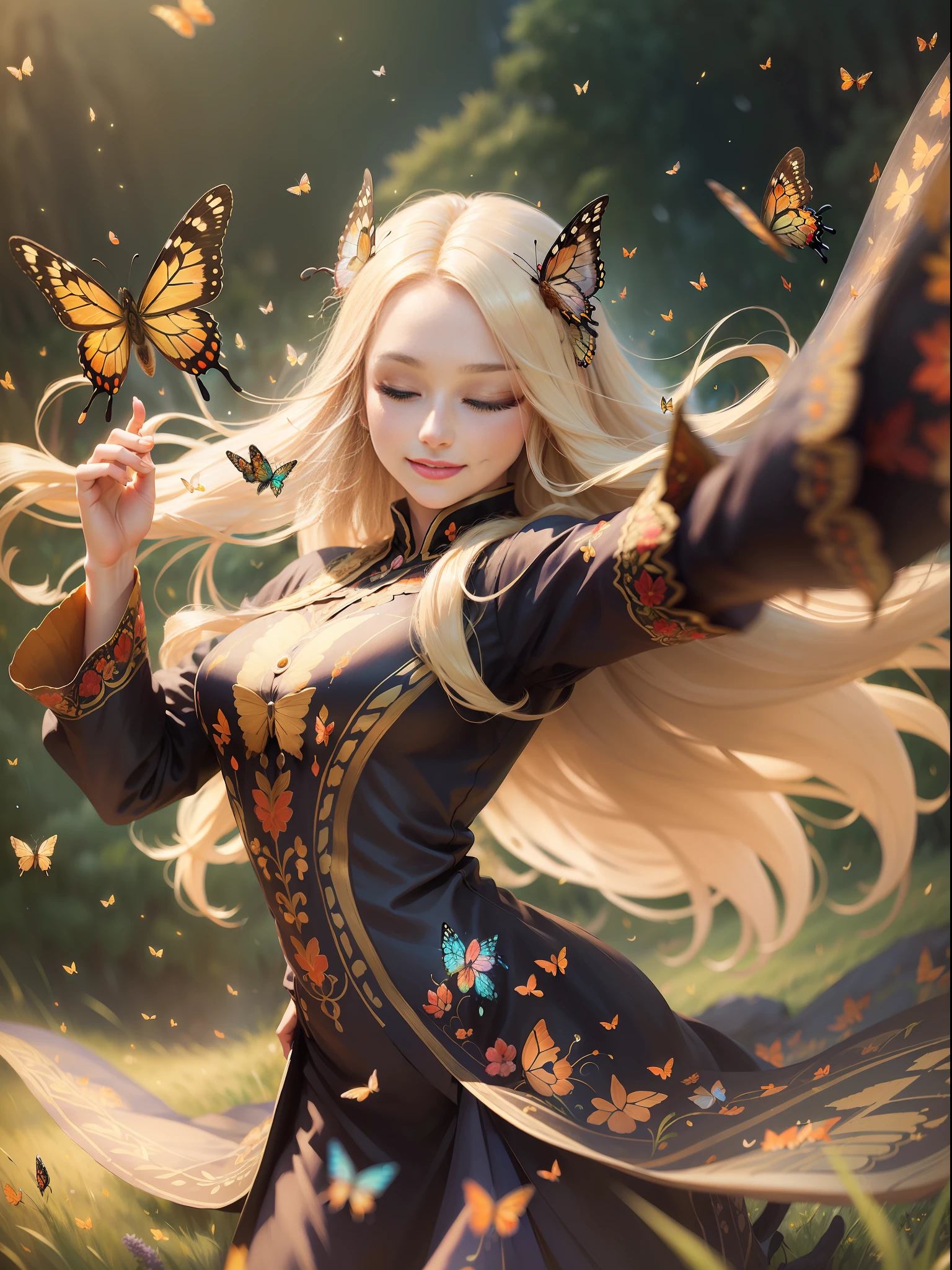 (masterpiece)1beautiful woman, (blonde, long hair), (eyes closed), smile, ((dynamic pose, dance), (peasant, embroidered clothes), ((landscape, butterflies, fireflies, grass field)), (((blurred, depth of field:
