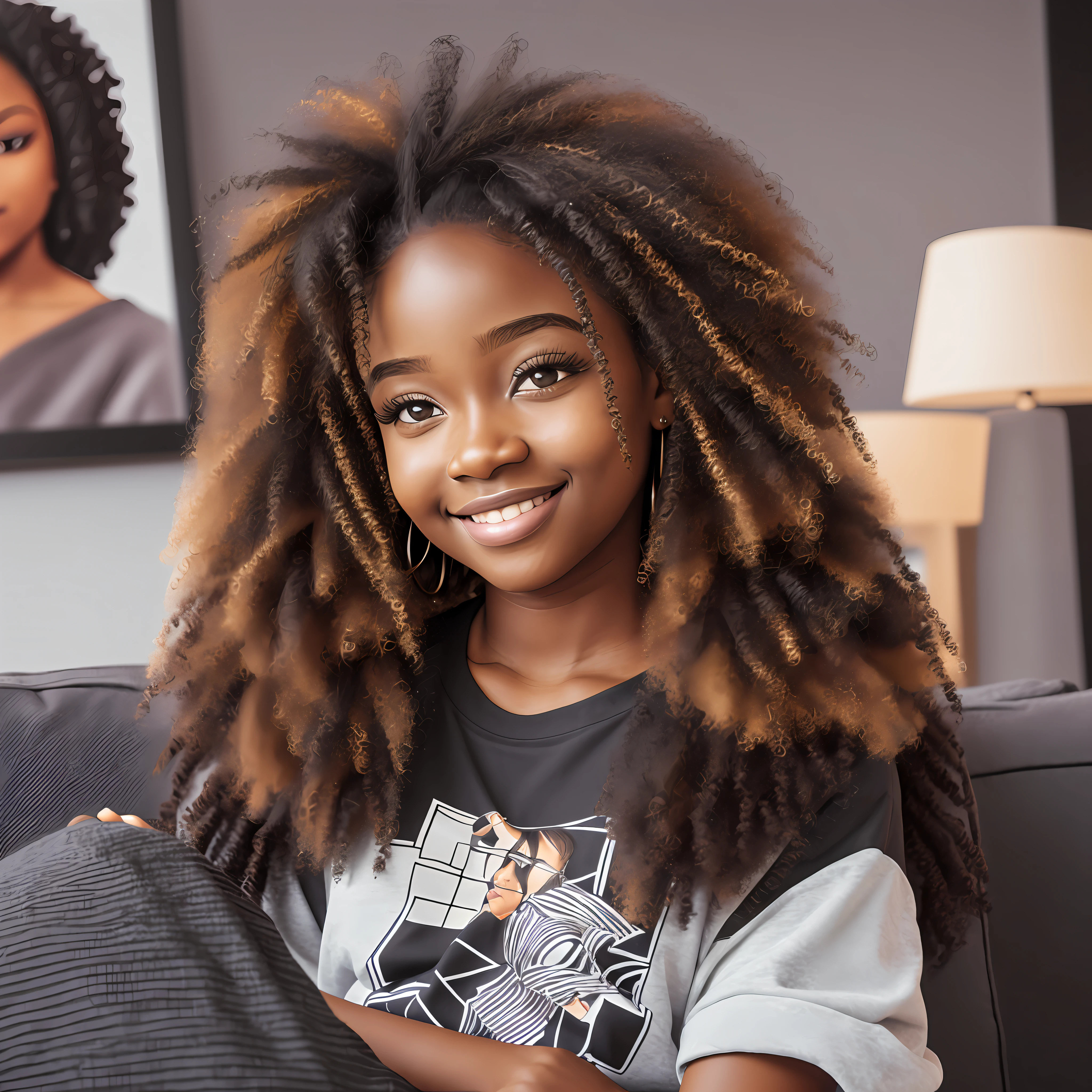realistic portrait of a beautiful 9 month old African-American baby girl ((dark skin color)) writing in a notebook, ((chibi)), cute smile, ((sitting on a living room sofa)), wearing black plain T-shirt black jeans, current fashion, mega hair long curly hair, ((kanekalon)), (cinematic Contour lighting), close-up, product preview, detailed facial details, perfect face, sharpness, trend art, facial details sharp, cgsociety, very high quality digital art, exquisite hyper detail, 4k, 3D, 8k soft lighting, dreamy --iso 100, fashion --ar 9:16 --auto --s2