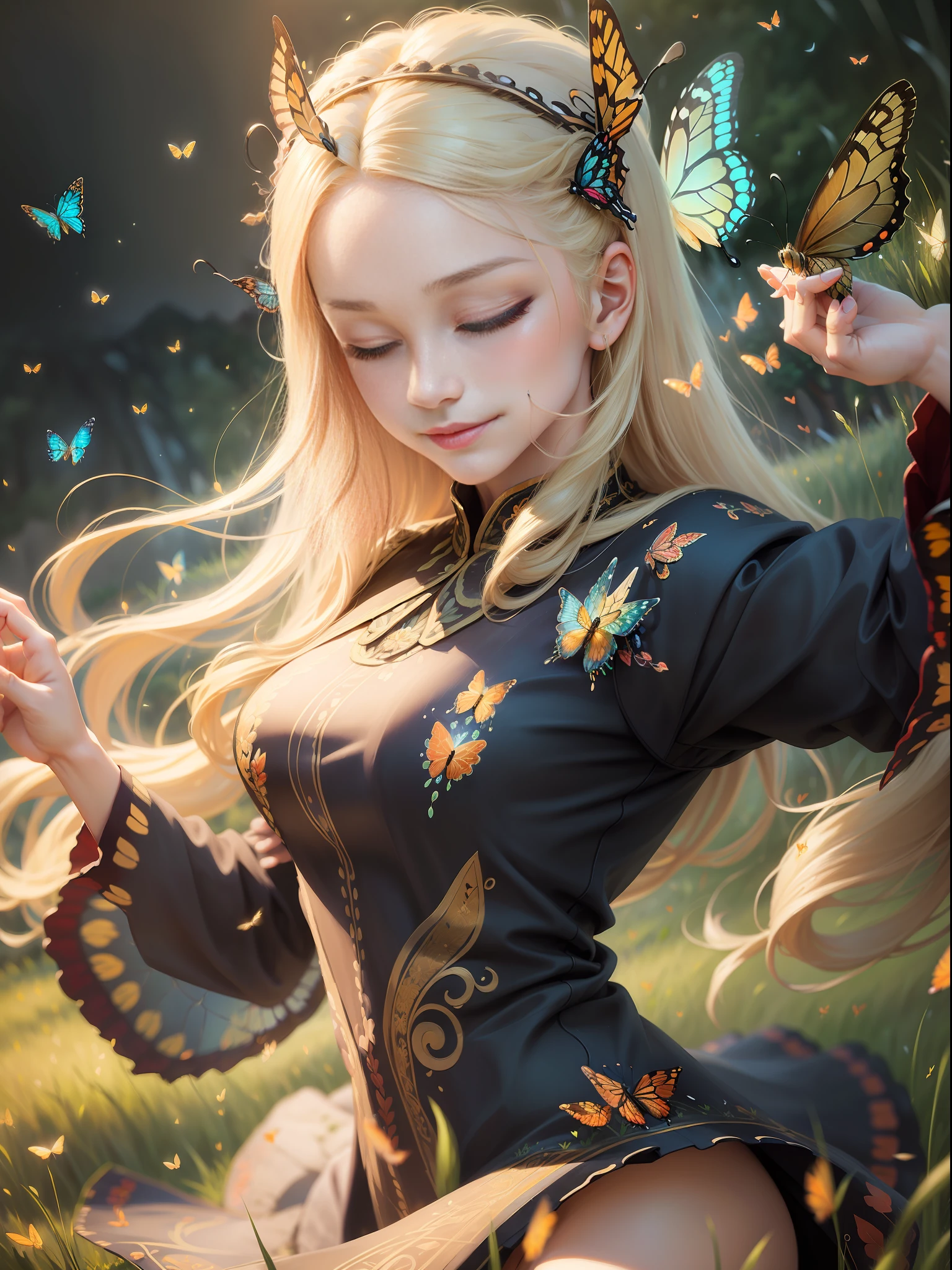 (masterpiece)1beautiful woman, (blonde, long hair), (eyes closed), smile, ((dynamic pose, dance), (peasant, embroidered clothes), ((landscape, butterflies, fireflies, grass field)), (((blurred, depth of field: