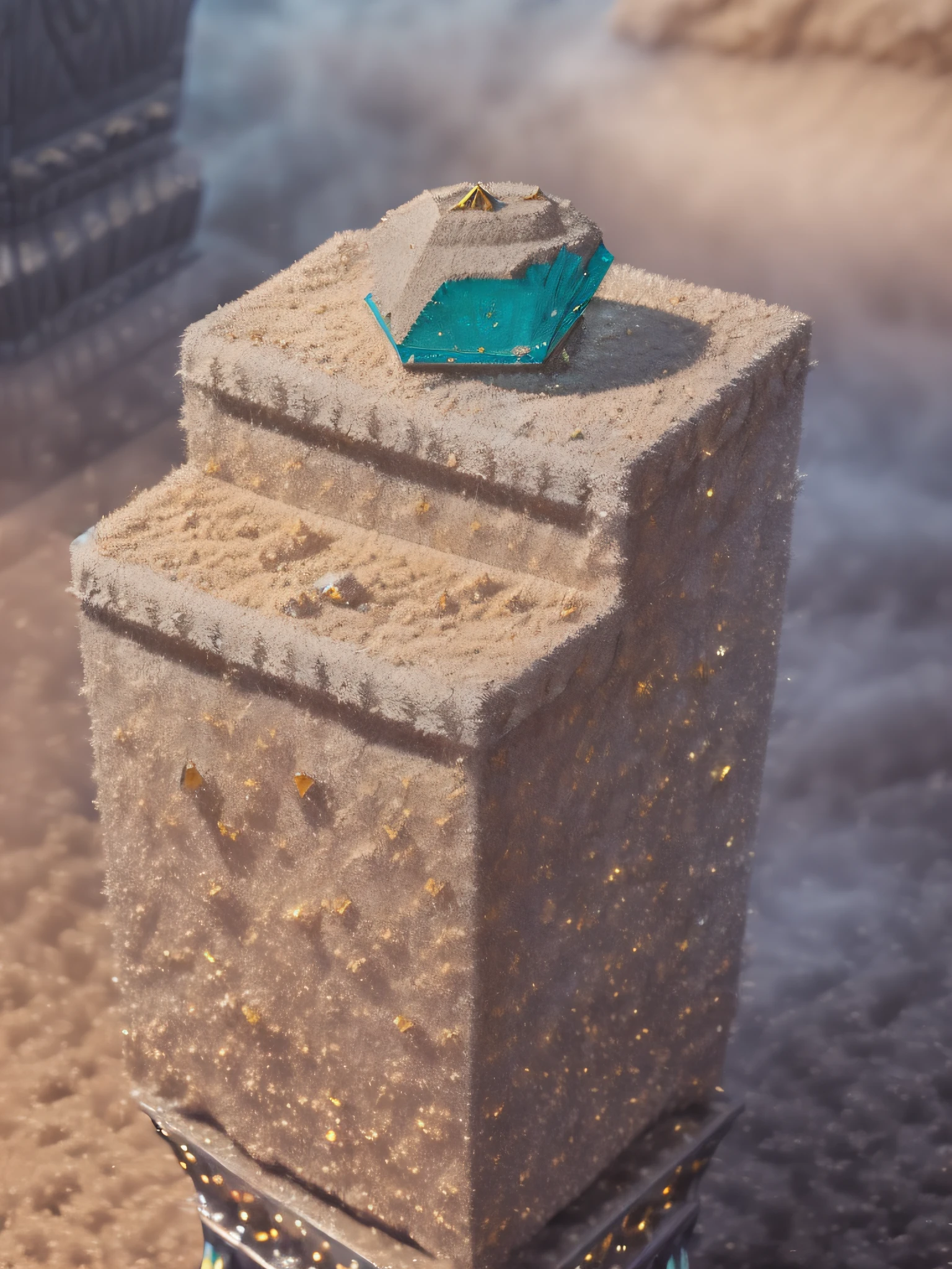 (((the little dusty gem resting on a pedestal :1.5))), 1gem, surrounded by shimmering crystals and a soft, otherworldly glow, Sculpture, crafted with translucent materials to capture the radiance of the gem and the enchanting atmosphere of the cave, --ar 9:16 --v 5