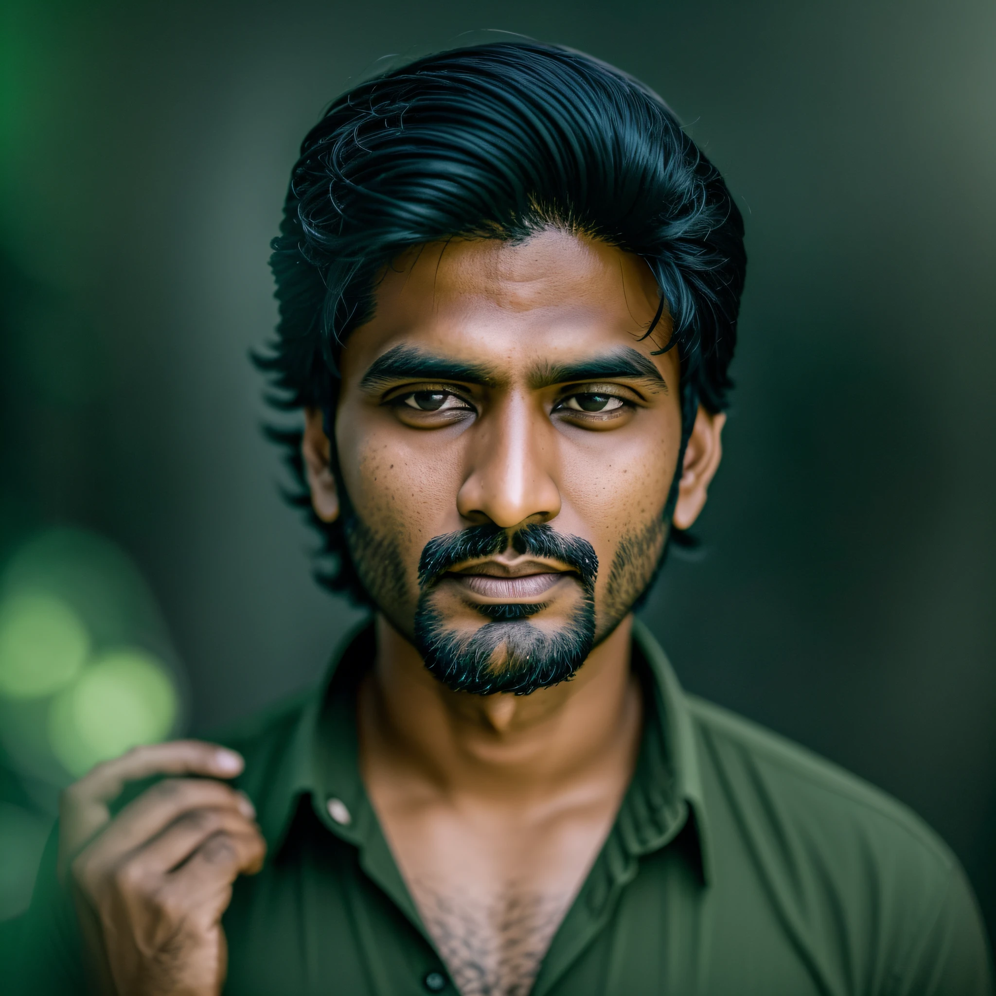 Gaurav Tiwari, a paranormal investigator and UFO field investigator who appeared on various television shows and founded the Indian Paranormal Society, looking at the camera with a brave and curious expression, haunted locations and UFOs in the background ((casual clothes - green: 1.5)), adventurous, 6d camera, octane render, spooky aesthetic, ghostly aura, mysterious atmosphere, detailed face, explorer aura , facing the camera, indian man, shot hair, with no facial hair, 25 years old man --auto --s2