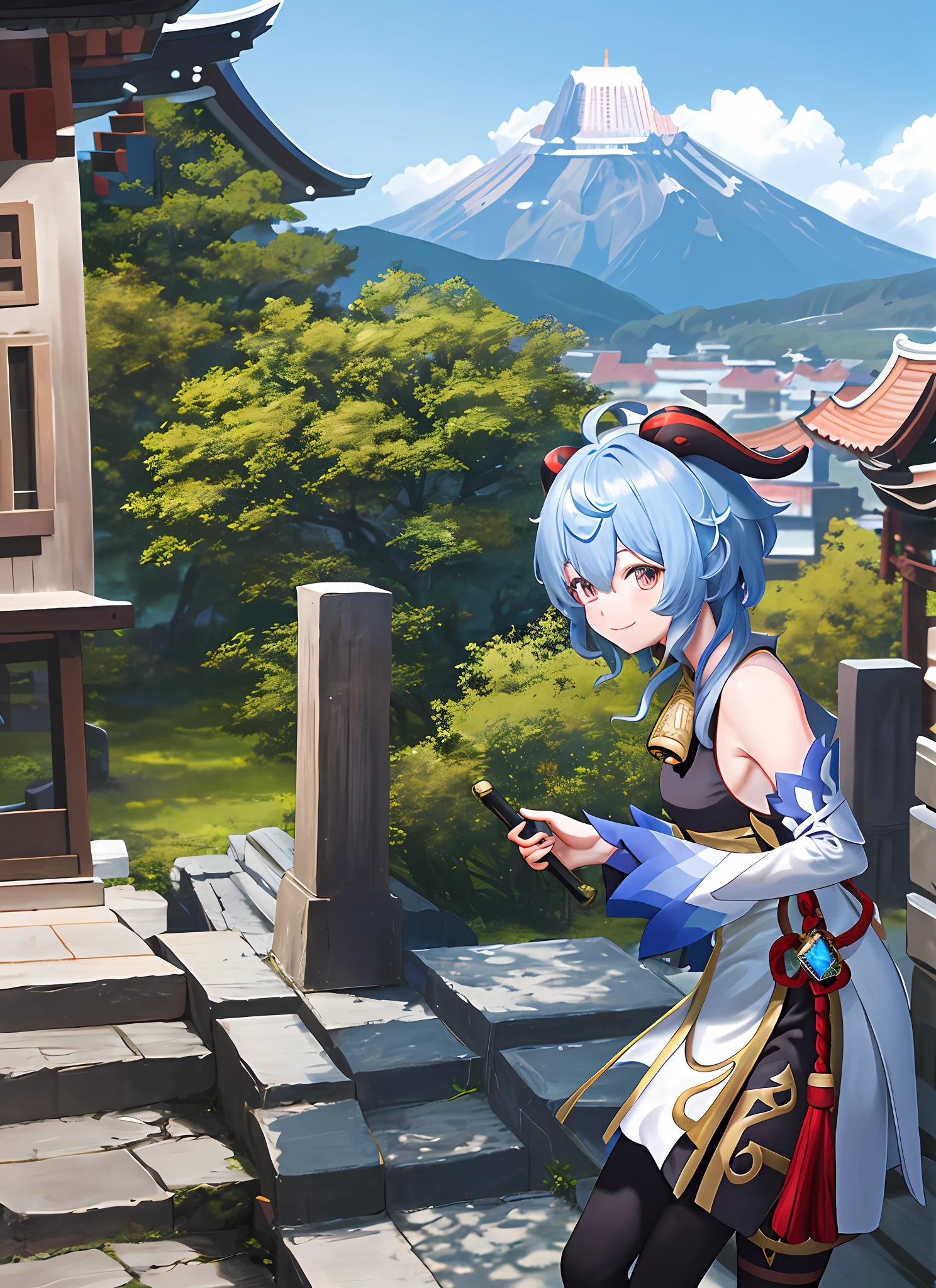 ganyudef, upper body, smile, blush, outdoors, day, simple background, blue sky, short hair, sky, temple, looking at viewer, stairs, mountain, moody lighting,