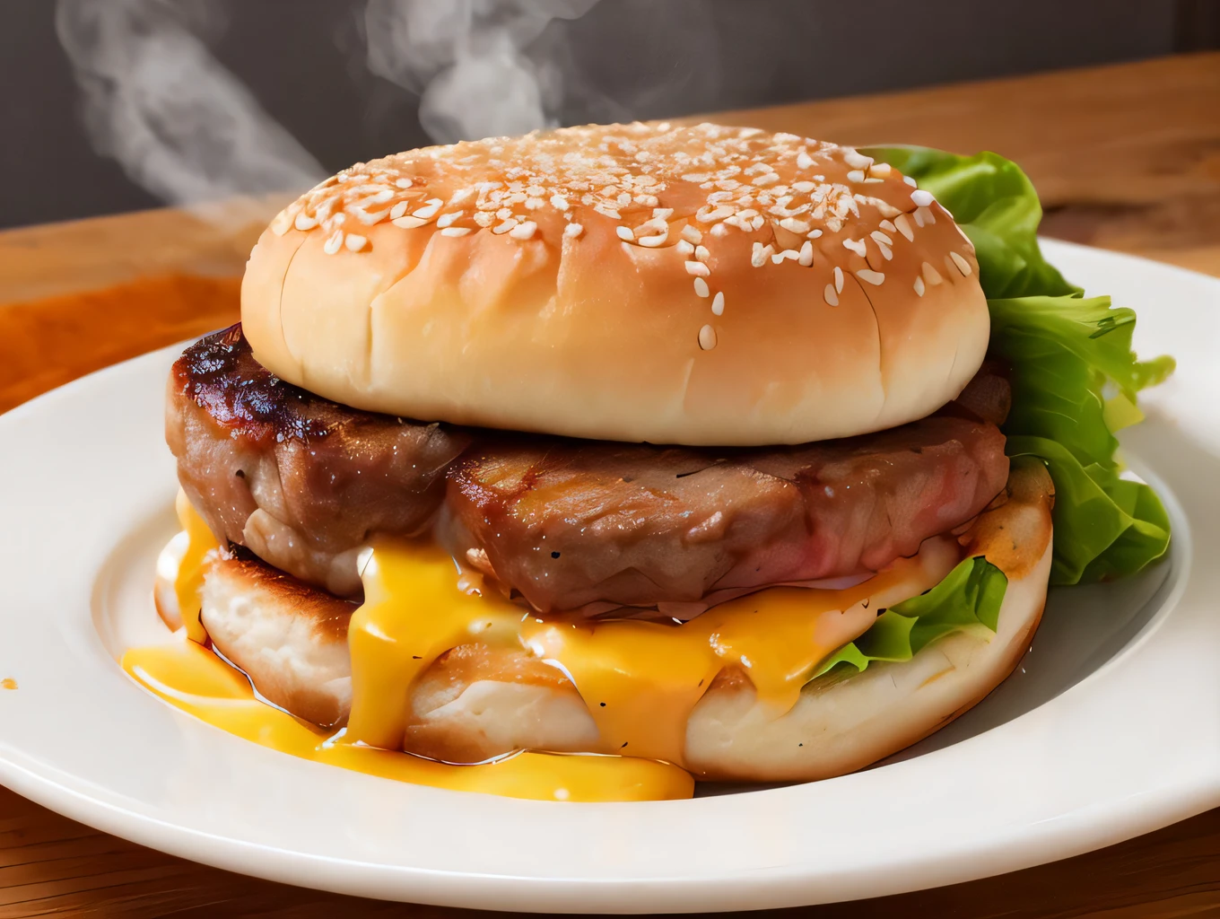 hamburger steak, melting cheese on top, steaming