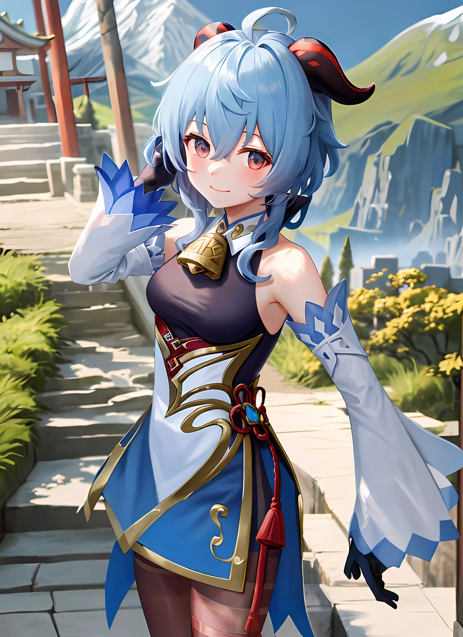 ganyudef, upper body, smile, blush, outdoors, day, simple background, blue sky, short hair, sky, temple, looking at viewer, stairs, mountain, moody lighting,