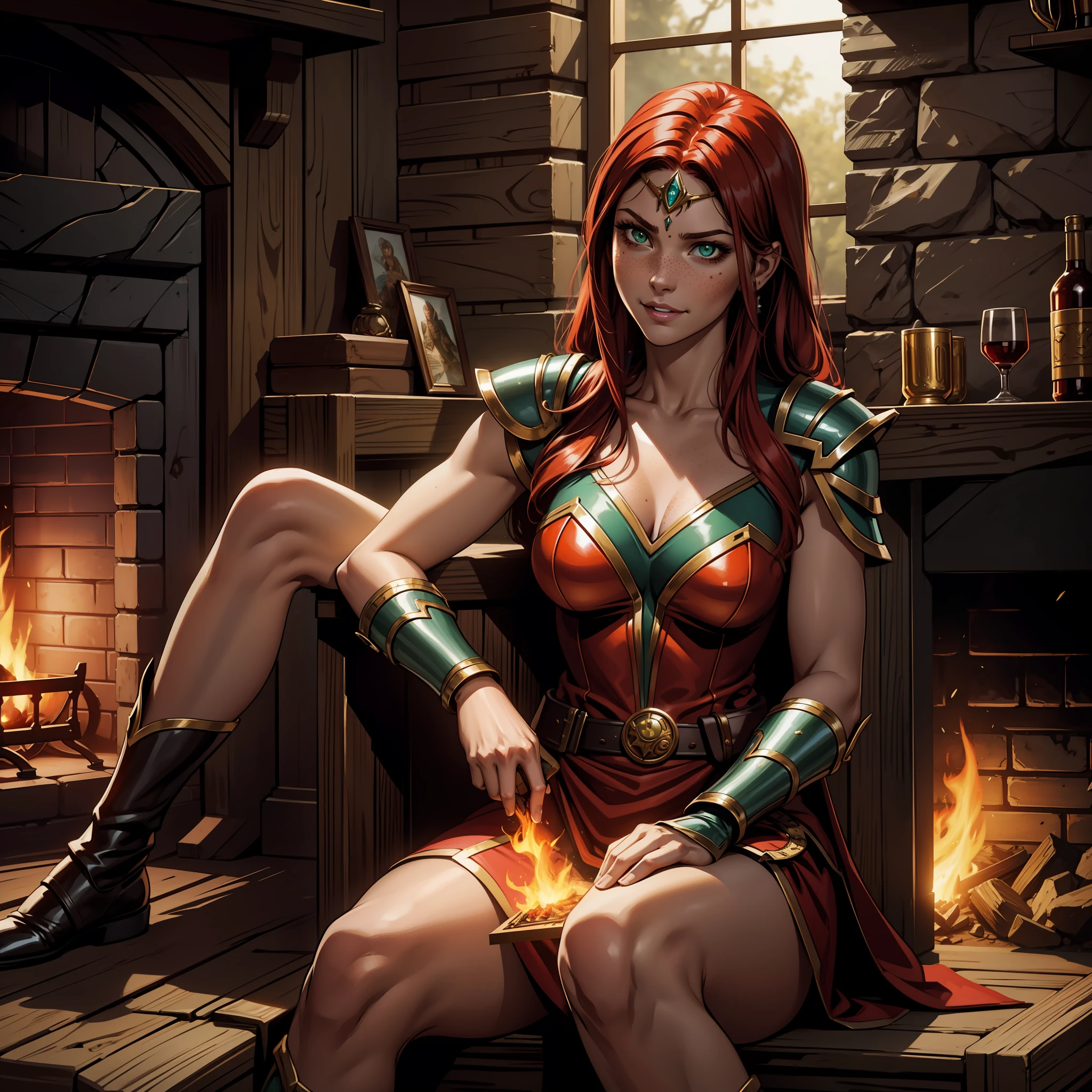(extremely detailed 8k wallpaper), adventure theme, Paizo Pathfinder RPG, fantasy, (human woman), young, beautiful, sharp focus, (subsurface scattering:1.1), award-winning photography, ((Barda Class)), half-body photo:1.1, centered face, long red hair, freckles on face, green dragon eyes:1.2, gorgeous smile, wearing red leather armor, musical instrument in hand, sitting in the tavern near a fireplace,  Dramatic lighting, SFW