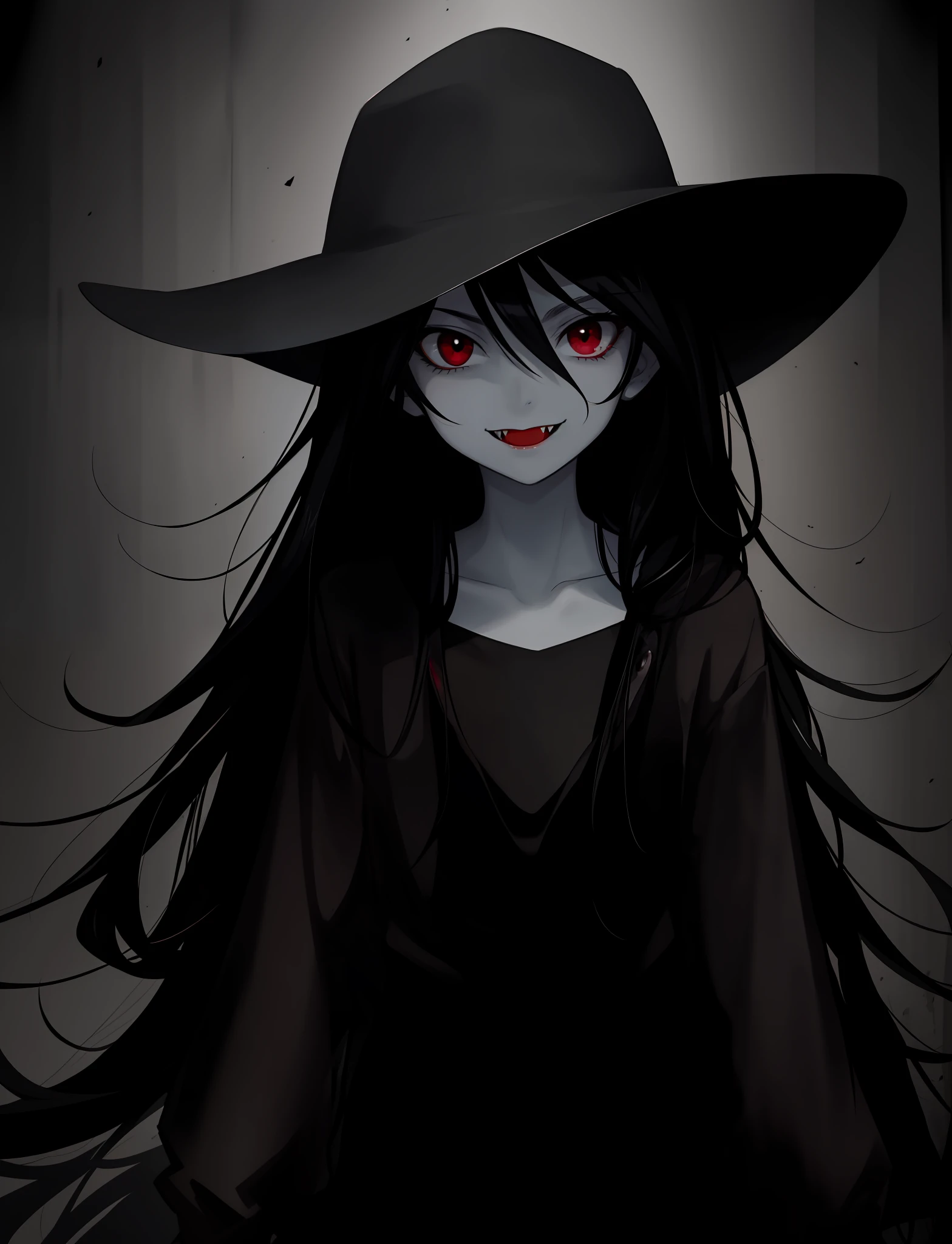beautiful, masterpiece, best quality, 1girl, 
marceline abadeer, black hair, clothed, clothing, fangs, grey body, grey skin, hair, long hair, looking at viewer, plant, solo, teeth, vampire, adventure time, a-