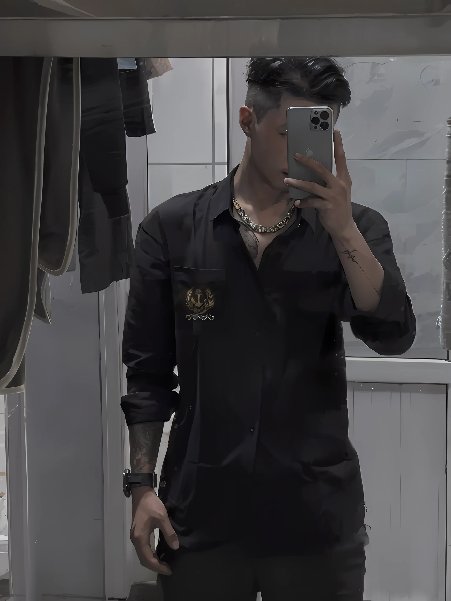 There is a man taking a selfie in front of the mirror, wearing a black shirt, black shirt, Mateus 9 5, in Sifu 🔥 😎 🕹️ 👀:2 style, dressed photo, wearing a dark shirt and jeans, he is wearing black, wearing a shirt, full body photo, black and gold, wearing black clothes, toned muscles, tattoos