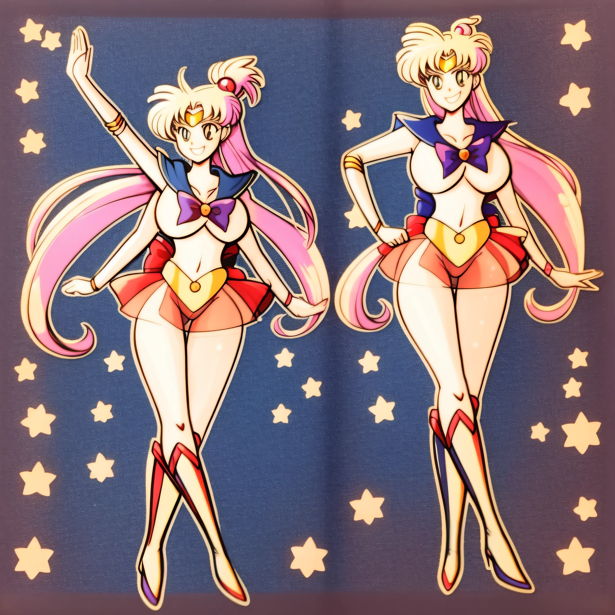 STICKER (Sailor Moon), cosplay, face view, ass view, high heeled boots, show boots, ultra detailed, masterpiece, best quality, sticker with borders, tan skin, ponytail,(sailor moon costume), blue eyes, blonde hair, long hair, smile, nsfw, big breasts, thigh highs, panties, wide hips, short, solo, full cleavage, full body portrait, model pose, show all, wide angle view, multiple, see thru nipple