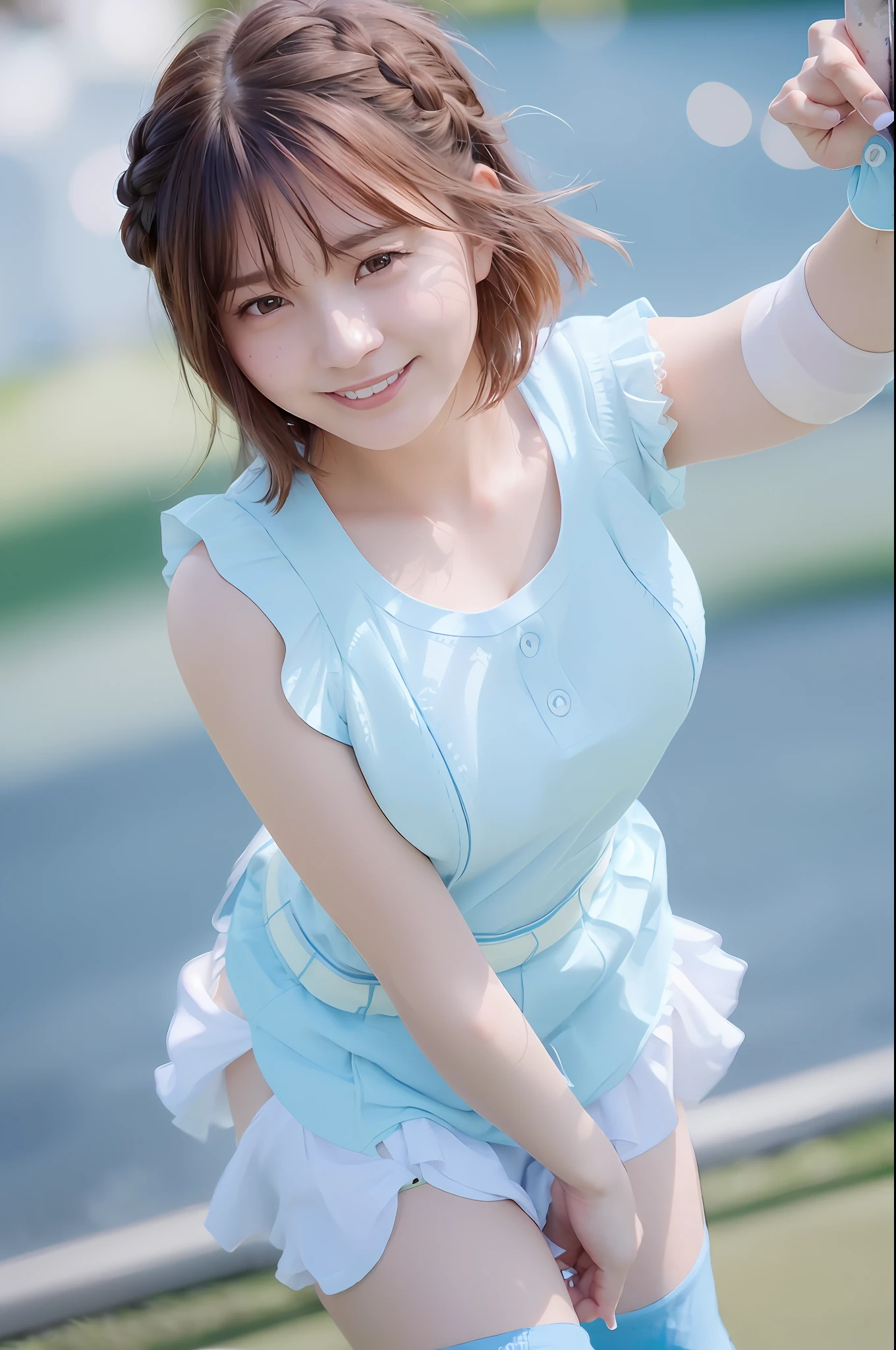 (skin spots: 1.2), (skin dentation), Black eyes, 1 female, 25 years old, ((((Female))), Solo, Real, Best Quality, Photorealistic, Masterpiece, 8K, High resolution, Solo, Very detailed face, (Professional lighting, Bokeh), (Light particles, Lens flare, Luminous particles: 0.6), (Dynamic Pause: 1.7), Soft lighting, Top angle view, Fashionable and trendy atmosphere, Golf course, ((daytime)), Sky, ((Viewers: 1)), (Watching the camera), (Portrait: 0.6), Gorgeous, standing, keep the original facial proportions, Wide shoulders, Full body, (huge breasts), Too huge breasts, (short hair), Brown hair, Floating hair, Braided hair, Lips, Lipstick, Seductive smile, Floating hair, Braided hair, Smile, open_mouth, Teeth, ((Light Blue Women's Golf Wear)), (Frilled Tops)), (Sleeveless), (Check Mini Skirt)), (((Knee Socks)), Sun Visor, Eyelashes, Moles, (Moles Under Eyes: 1)