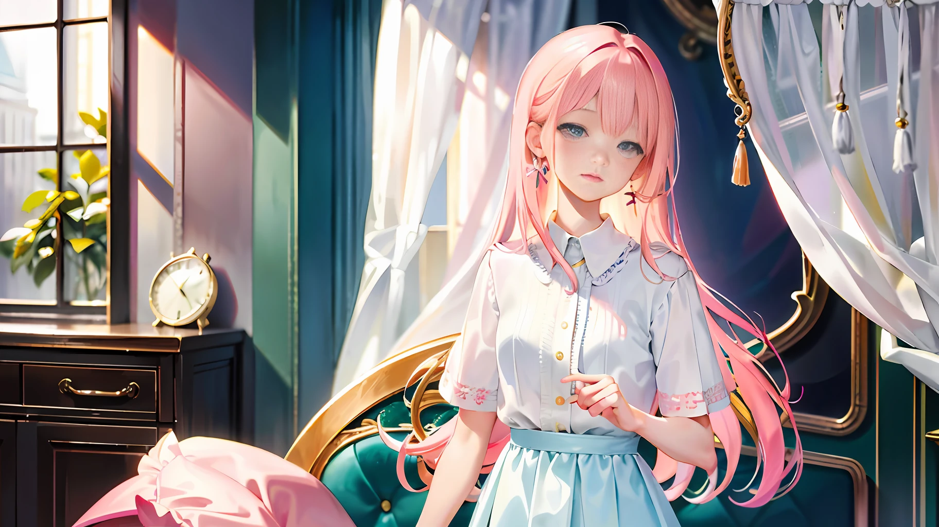 Super high resolution, (realistic: 1.4), original photo, 1 girl, ((best quality)), (masterpiece: 1.2), (delicate beautiful girl), illustration, 1 girl, pink hair, delicate makeup, white shirt, skirt, luxurious room, standing, blushing