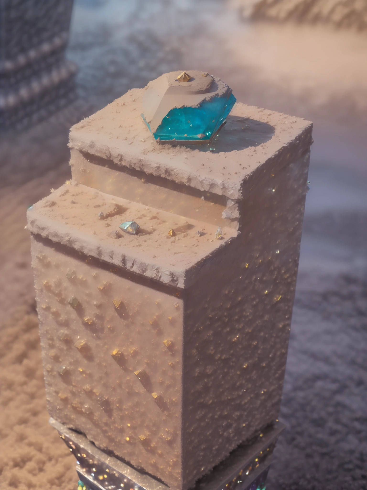 (((the little dusty gem resting on a pedestal :1.5))), 1gem, surrounded by shimmering crystals and a soft, otherworldly glow, Sculpture, crafted with translucent materials to capture the radiance of the gem and the enchanting atmosphere of the cave, --ar 9:16 --v 5