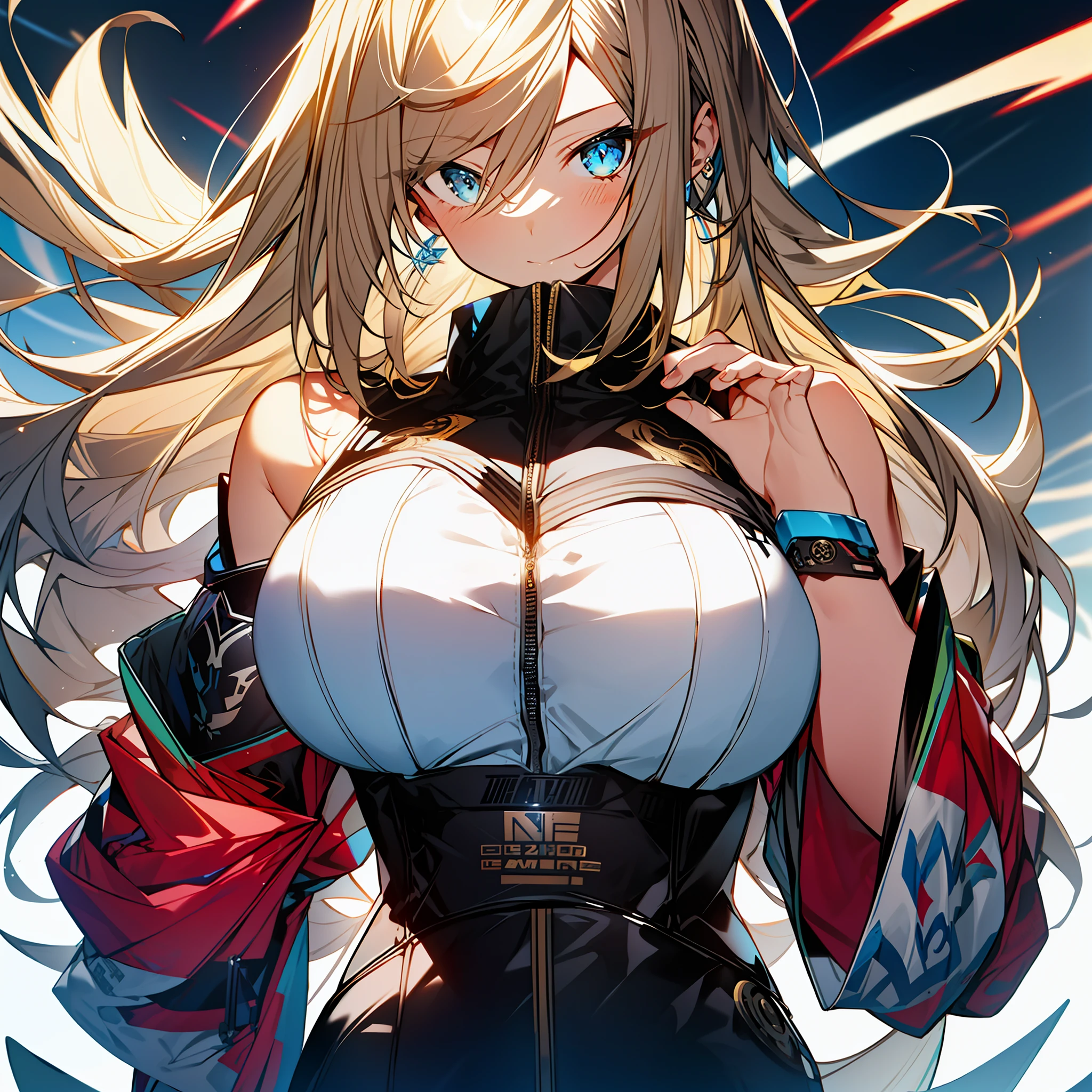 background, mixed-language_text, Japanese letters in graffit ,girls, long blonde hair, excellent lighting, sidelighting, (), vhsKeeper,, style GUILTY GEAR -STRIVE perfect ultimate (flat color: 1.3), (magazine_cover: 1.4), (multicolored_background: 1.3), striped_background, card_background, :: comix style by joe madureira :: circular pieces of white metals glued to the arms ultra detailed coming out sparkling shine, , perfect and detailed, ultra detailed shirt with drawing Abstract and patterned with Japanese letters in graffit on the sides of the outfit, image of girls with Big Breast, on top of a futuristic motorcycle, with immersive effects, hover effect, background style graffiti tribal tattoo with vibrant colors "HDR Ultra" detailed and with focus effect, (masterpiece: 1.2, best quality), (beautiful eyes with huge eyelashes finely detailed: 1.2), , ((Solo)), (Finely detailed eyes and detailed face :1.3), in various full-body attack poses, (cute background: 1.2),futuristic costume, Super detailed circular metals Clinging to arms and pants, fantastic paintings