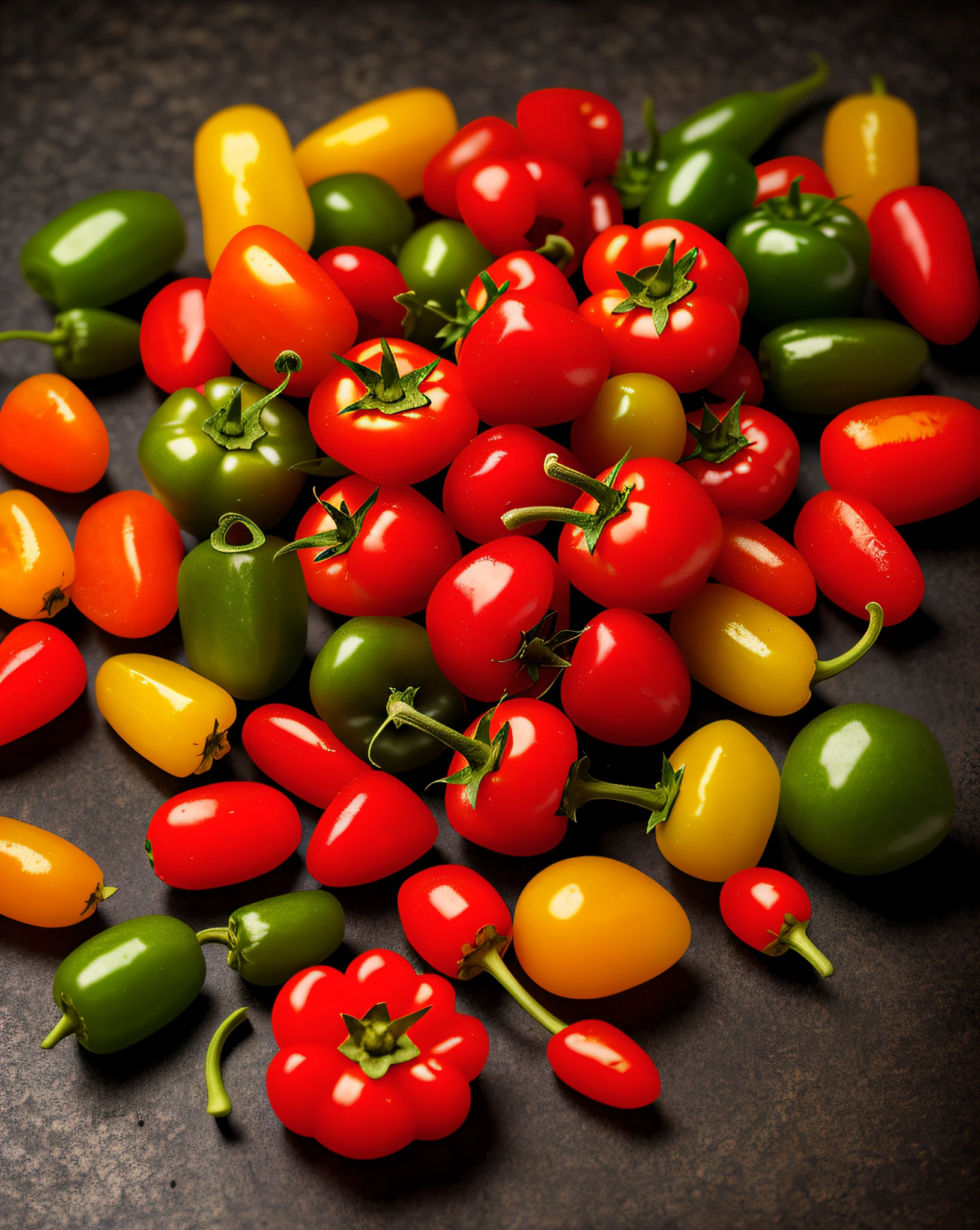 A porthait of tomatoes and peppers, cinematics, edge light, 4k textures, soft cinematic light, adobe lightroom, photolab, hdr, highly detailed, sharp focus, relaxing tones, hyperdetailed, low contrast, soft cinematic light, exposure mix, hdr,