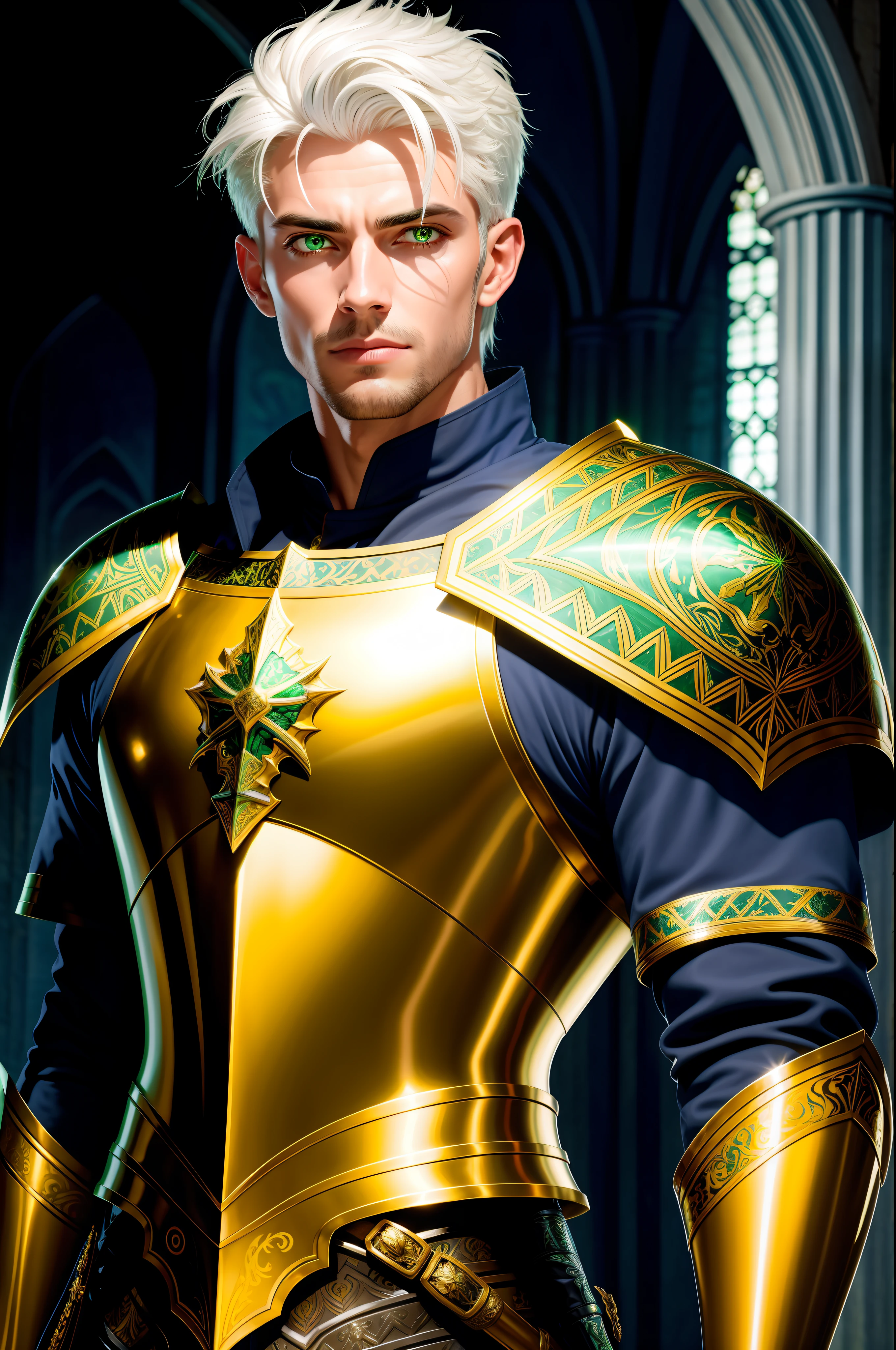 A young and handsome man with green pupils, long bluish white hair, a confident expression, wearing beautiful silver armor with gold patterns all over the armor, exuding dark yellow glow, in the background a medieval castle
