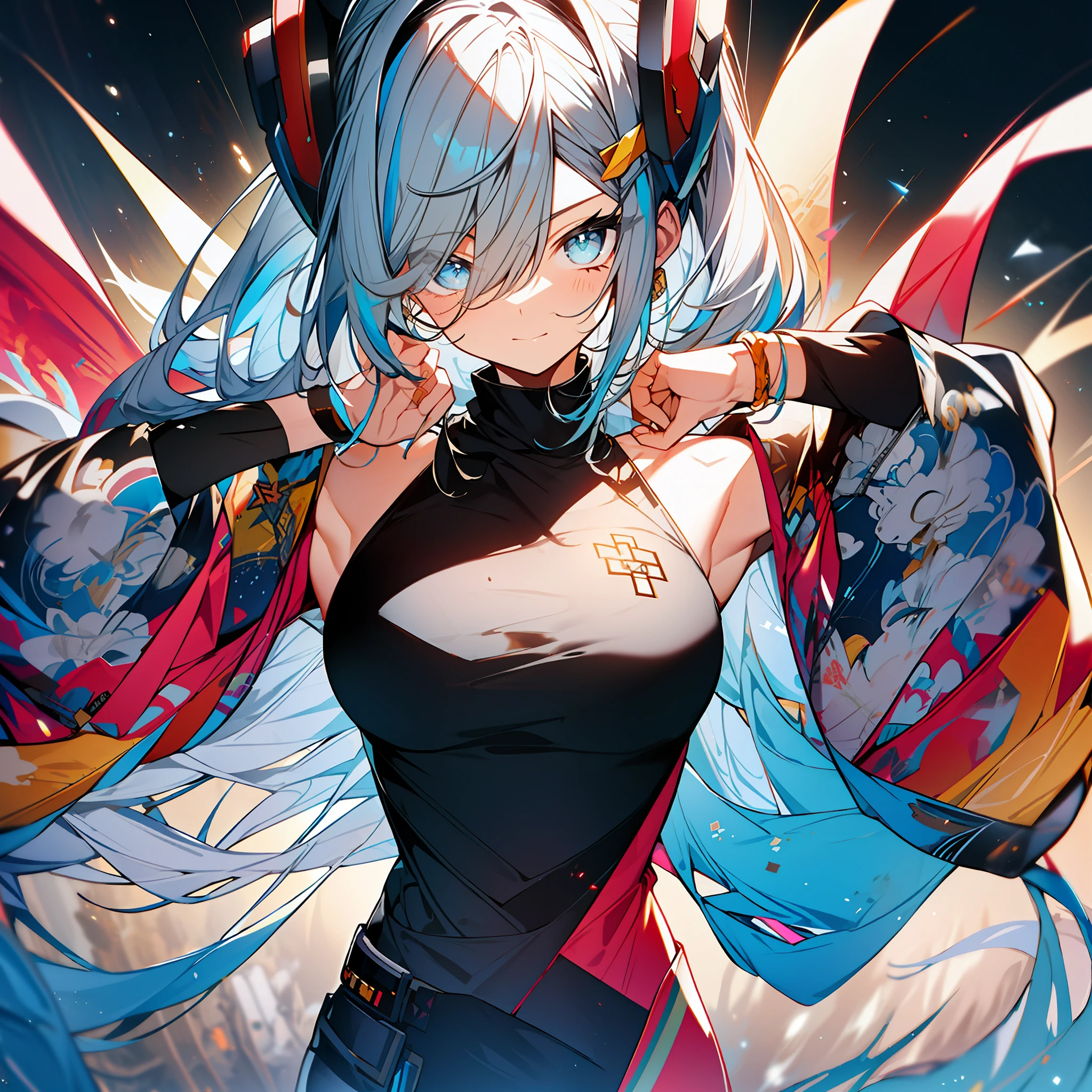 background, mixed-language_text, Japanese letters in graffit ,girls, excellent lighting, sidelighting, (), vhsKeeper,, style GUILTY GEAR -STRIVE perfect ultimate (flat color: 1.3), (magazine_cover: 1.4), (multicolored_background: 1.3), striped_background, card_background, :: comix style by joe madureira :: circular pieces of white metals glued to the arms coming out shimmering yellow glow, bubblegum pink colors, perfect and detailed, ultra detailed shirt with abstract design and with print of Japanese letters in graffit of the sides of the clothing, image of girls with big breast, with powerful dragons versus alien creature full of tentacles , with immersive effects, hover effect, background graffiti style tribal tattoo with vibrant colors "ultra hdr" detailed and with focus effect, (masterpiece: 1.2, best quality), (finely detailed beautiful eyes: 1.2), , ((Solo)), (Finely detailed eyes with large eyelashes, and detailed face :1.3), in various full-body attack poses, (cute background: 1.2),futuristic costume, super detailed circular metals Clinging to arms and pants, fantastic paintings