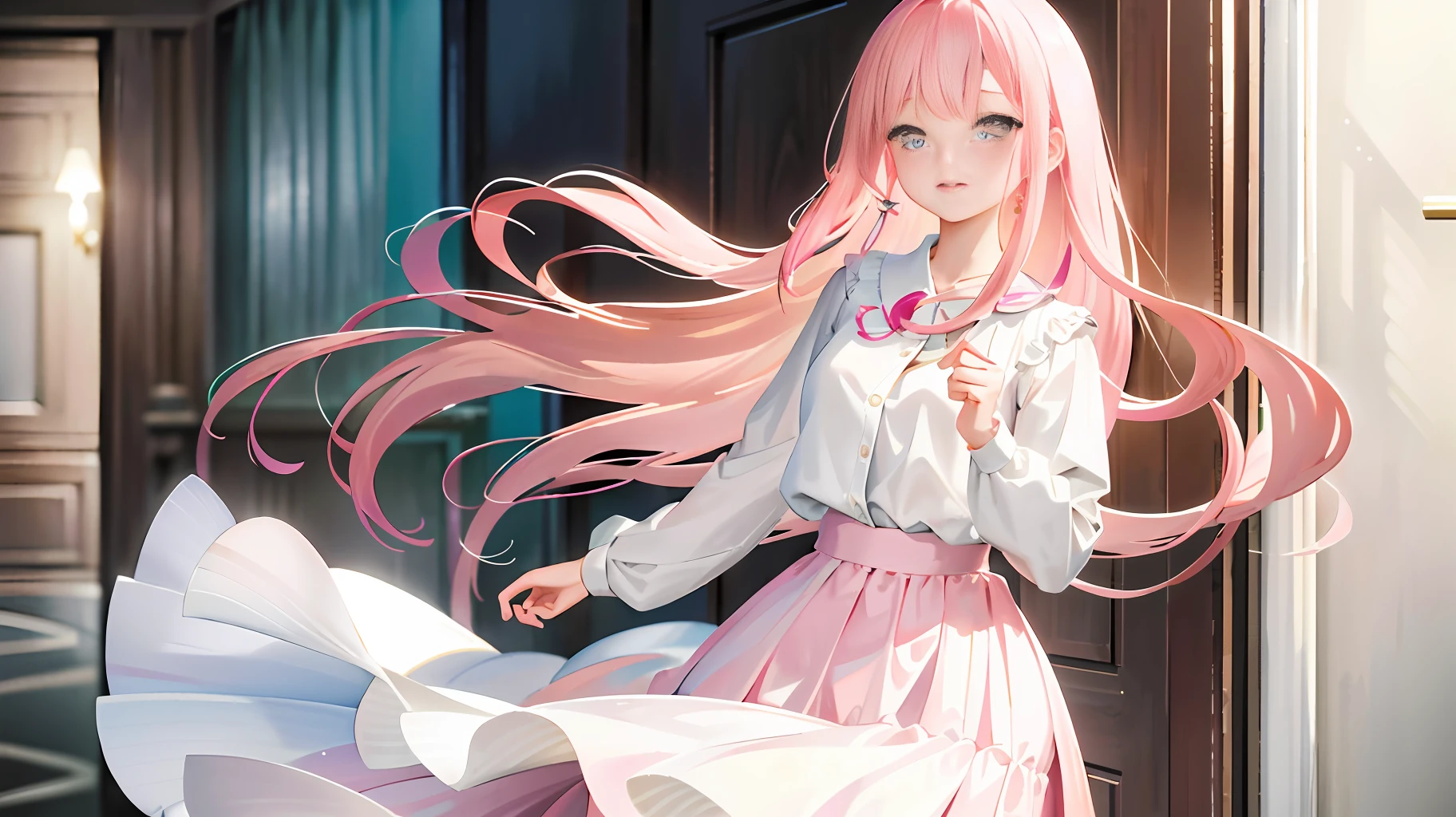 Ultra high resolution, (realistic: 1.4), original photo, 1 girl, ((best quality)), (masterpiece: 1.2), (delicate beautiful girl), illustration, 1 girl, pink hair, delicate makeup, white shirt, skirt, luxurious room, standing, blush