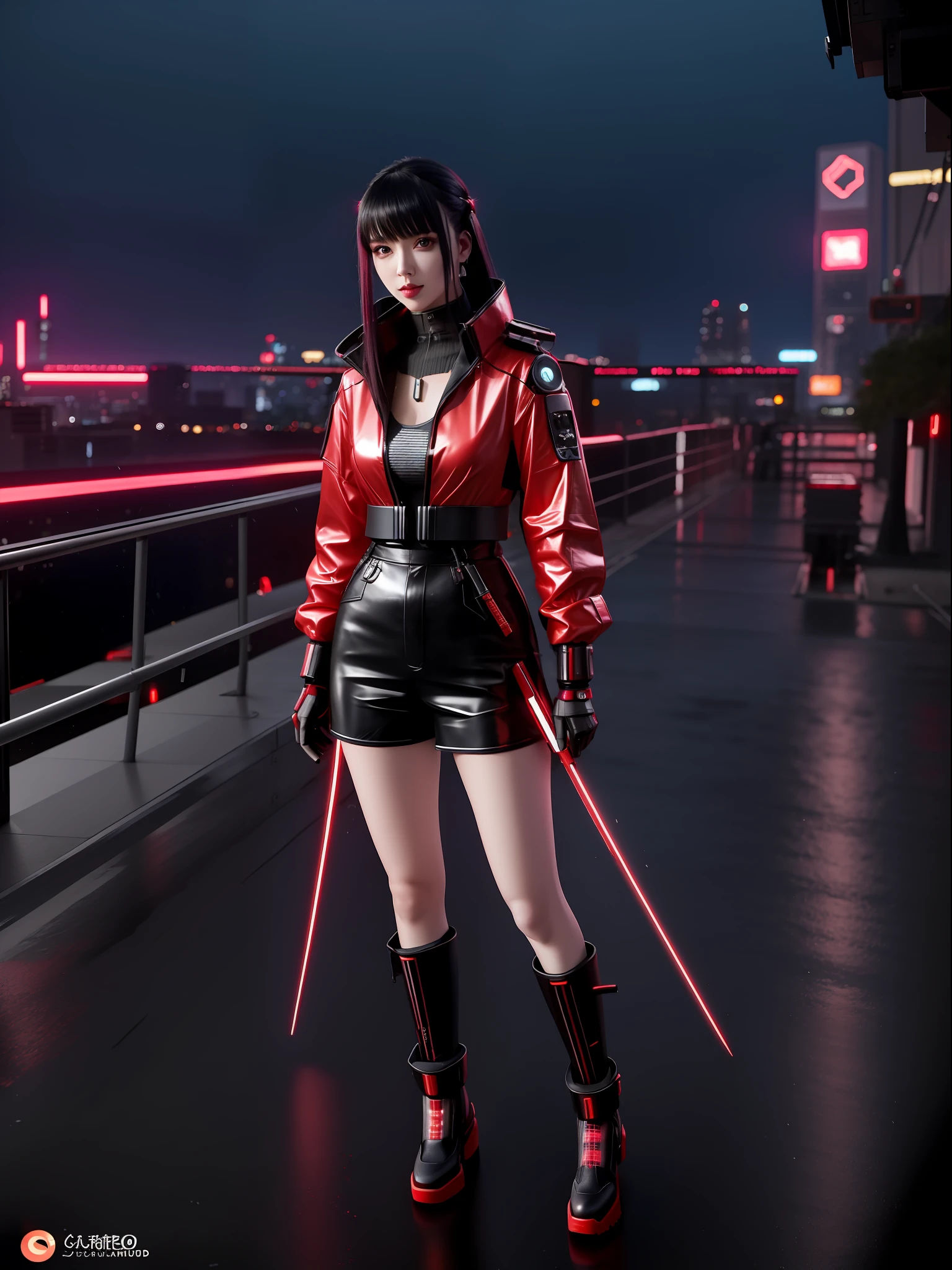 (full body photo:1.7), (A Kawaii Woman:1.5), (wearing cyberpunk red metal+ultra realistic metal outfit:1.5), (she's in a futuristic city with lots of flying cars+at night+raining hard:1.5), (she has mohawk hair roza:1.3), (she has blue eyes:1.3), (she's holding futuristic weapons+sorting+staring at the viewer:1.5),  Hyperrealism, 16k, best quality, high details, UHD