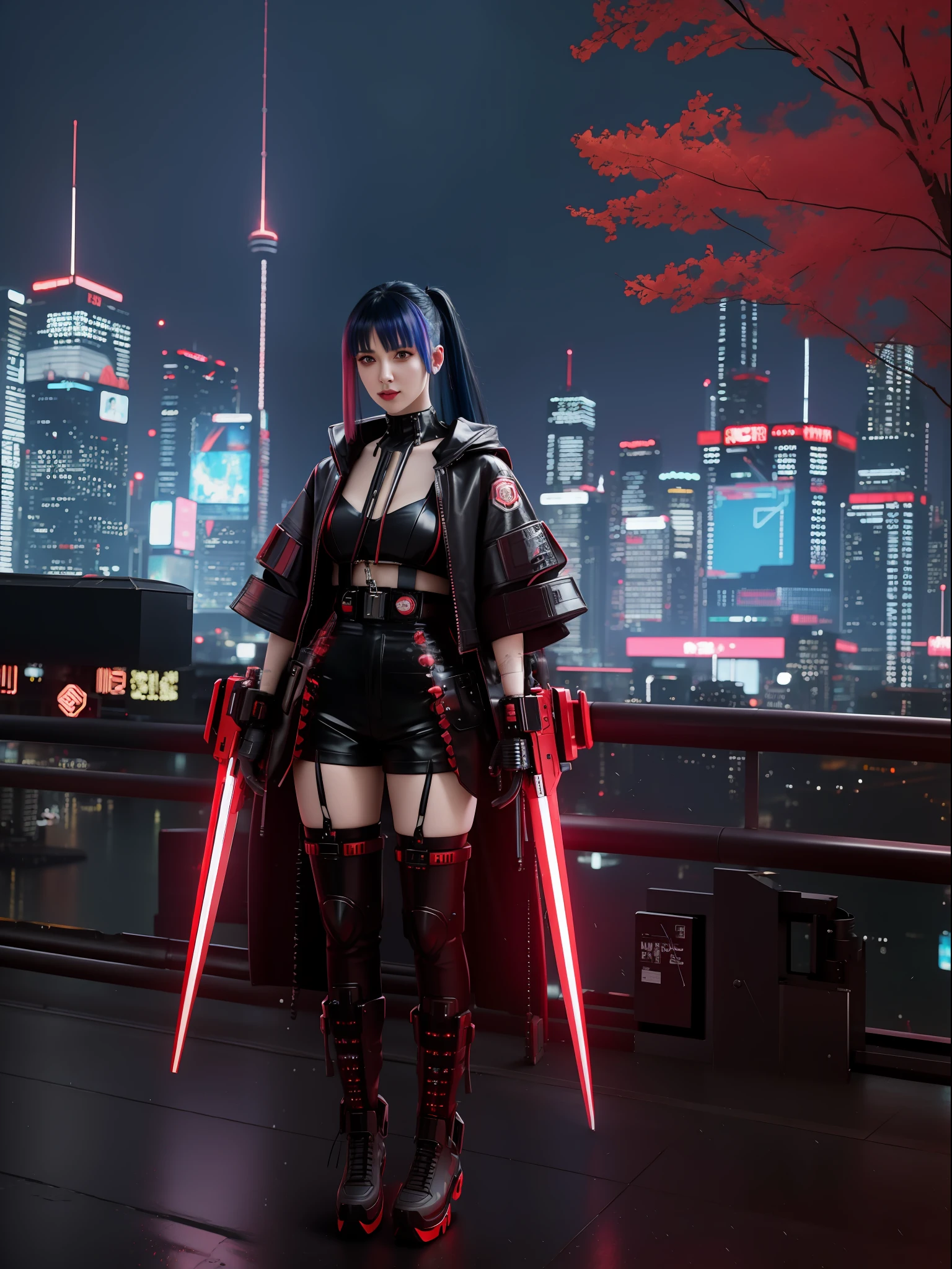 (full body photo:1.7), (A Kawaii Woman:1.5), (wearing cyberpunk red metal+ultra realistic metal outfit:1.5), (she's in a futuristic city with lots of flying cars+at night+raining hard:1.5), (she has mohawk hair roza:1.3), (she has blue eyes:1.3), (she's holding futuristic weapons+sorting+staring at the viewer:1.5),  Hyperrealism, 16k, best quality, high details, UHD