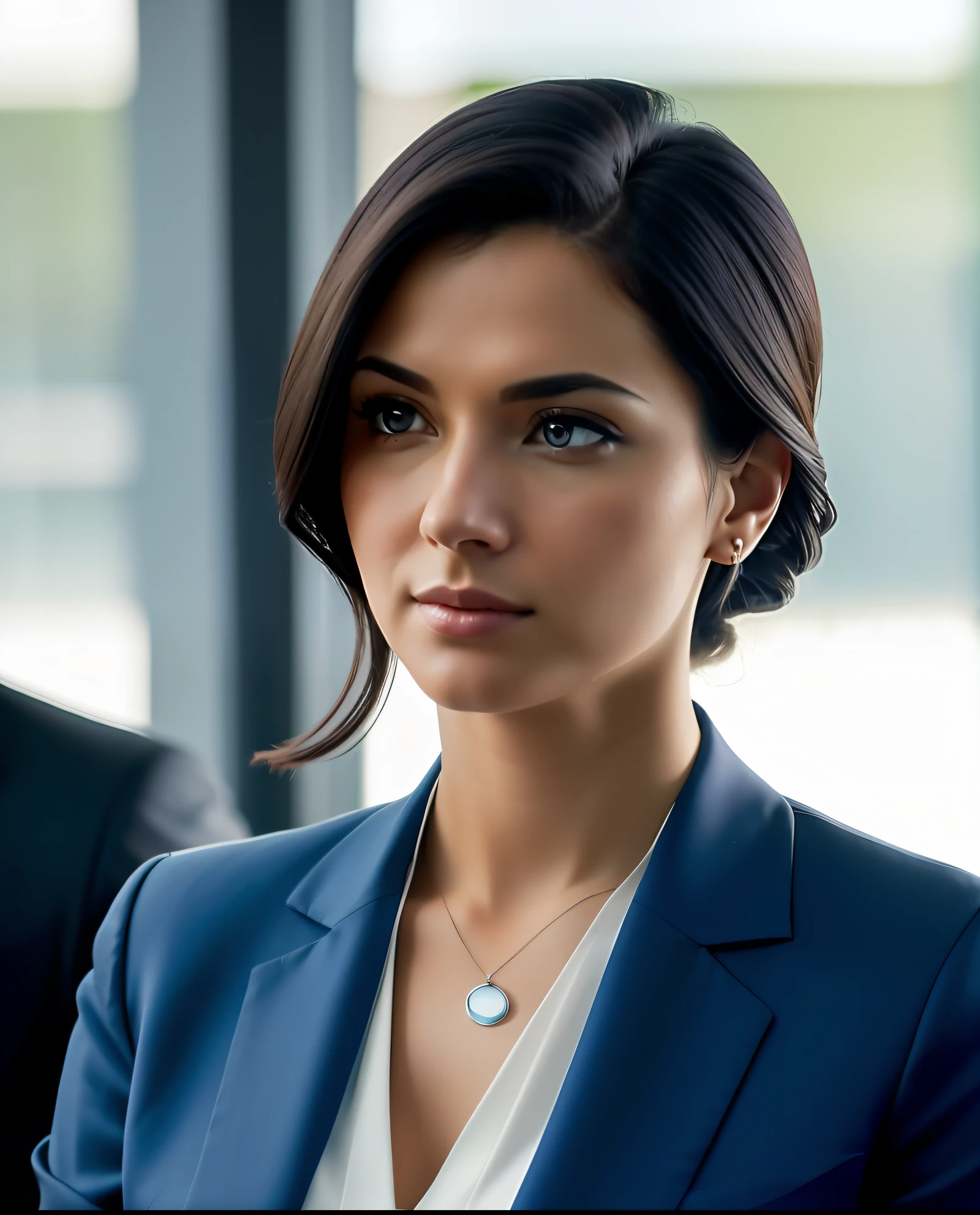 Scene of an elegant lawyer, fair skin, dark hair and eyes, very delicate face, hair combed to the right side, dressed in a blue suit and white dress shirt with very discreet neckline, sophisticated office, photorealism, natural light mixed with warm lighting of a modern lamp, 35mm lens, shallow depth of field, shutter speed 1/500,  F/2.8, 5000K white balance, soft and saturated tones –air 3:2 –s 850 –q 4"