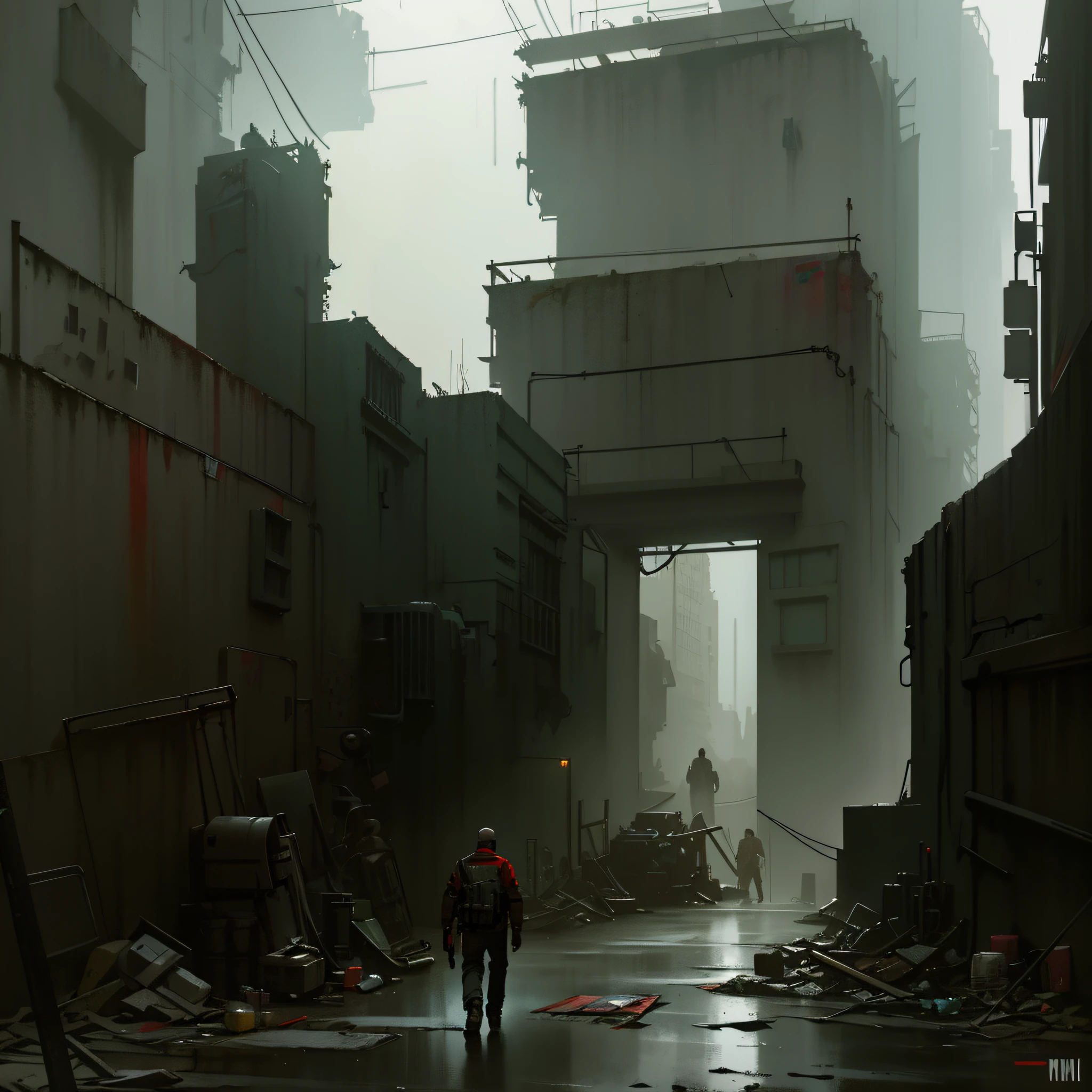 there is a man walking through a building with a lot of trash, cyberpunk back alley, digital concept art of dystopian, urban concept art, cyberpunk alley, concept art style, digital painting concept art, by senior environment artist, indie game concept art, inspired by Ismail Inceoglu, clean concept art, eerie nostalgic concept art, post apocalyptic. makoto shinkai