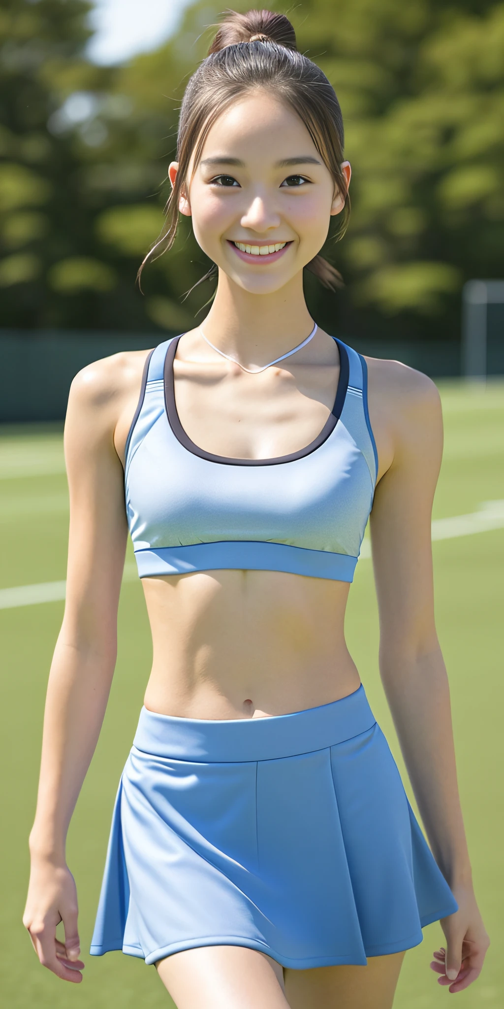Neat college girl, ite person, (skirt, sports bra), outside the athletic field, (slim), photorealistic, detail, skin texture, ultra detail, delicate sexy collarbone, smile, super detailed face, detailed lips, detailed eyes, small breasts, small, small breasts, small, flat breasts, flat