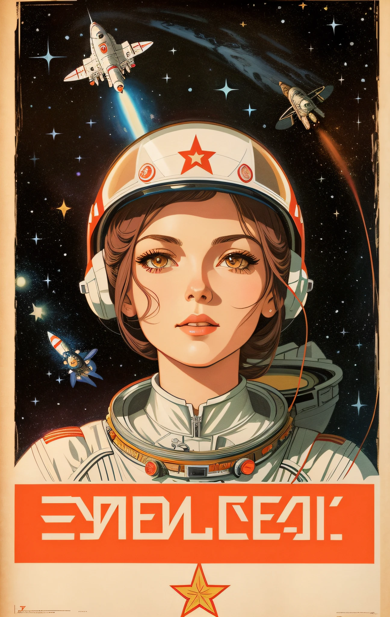 shepardic poster of a woman in a space suit with a star on her head, portrait anime space cadet girl, artgerm jsc, jen bartel, girl in space, soviet propaganda poster style, portrait armored astronaut girl, soviet propaganda art, soviet propaganda style, soviet propaganda, artwork in the style of guweiz, sergey zabelin, cosmonaut