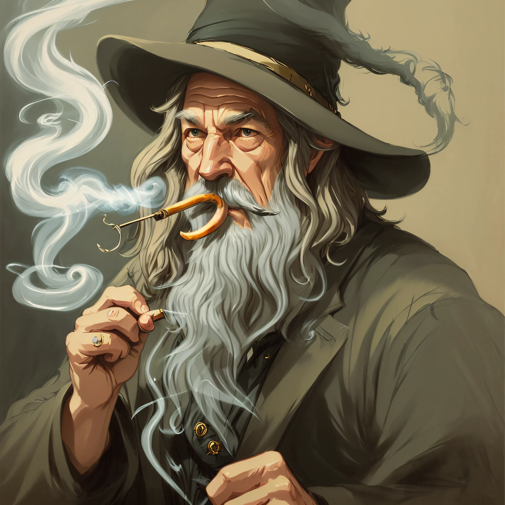 Gandalf smoking a pipe and spitting smoke rings, portrait, (((cartoon style)), Lord of the Rings, painting the hat of a great wizard, ((((smoke ring)))) by Atey Ghailan, by Jeremy Mann and Greg Manchess --auto --s2