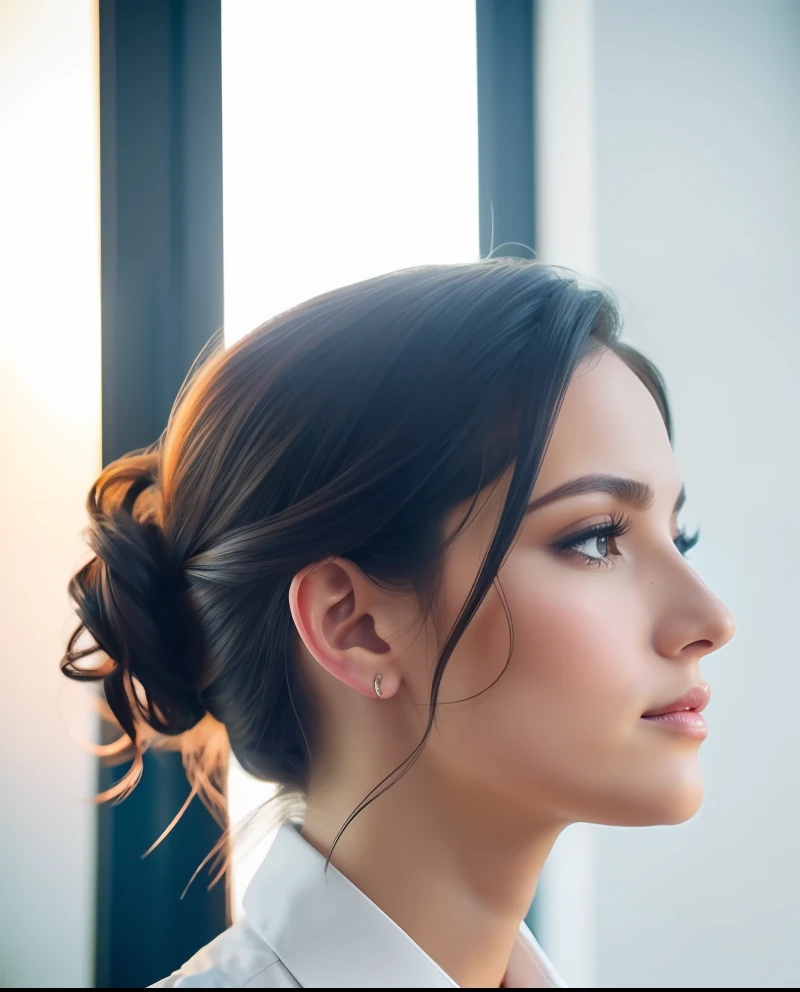 Scene of an elegant lawyer, fair skin, dark hair and eyes, very delicate face, wavy hair at shoulder height, hairstyle to the right side and, dressed in a blue suit and white dress shirt with very discreet neckline, sophisticated office, photorealism, natural light mixed with warm lighting of a modern lamp, 35mm lens, shallow depth of field, shutter speed 1/500, F/2.8, white balance 5000K, soft and saturated tones –air 3:2 –s 850 –q 4"