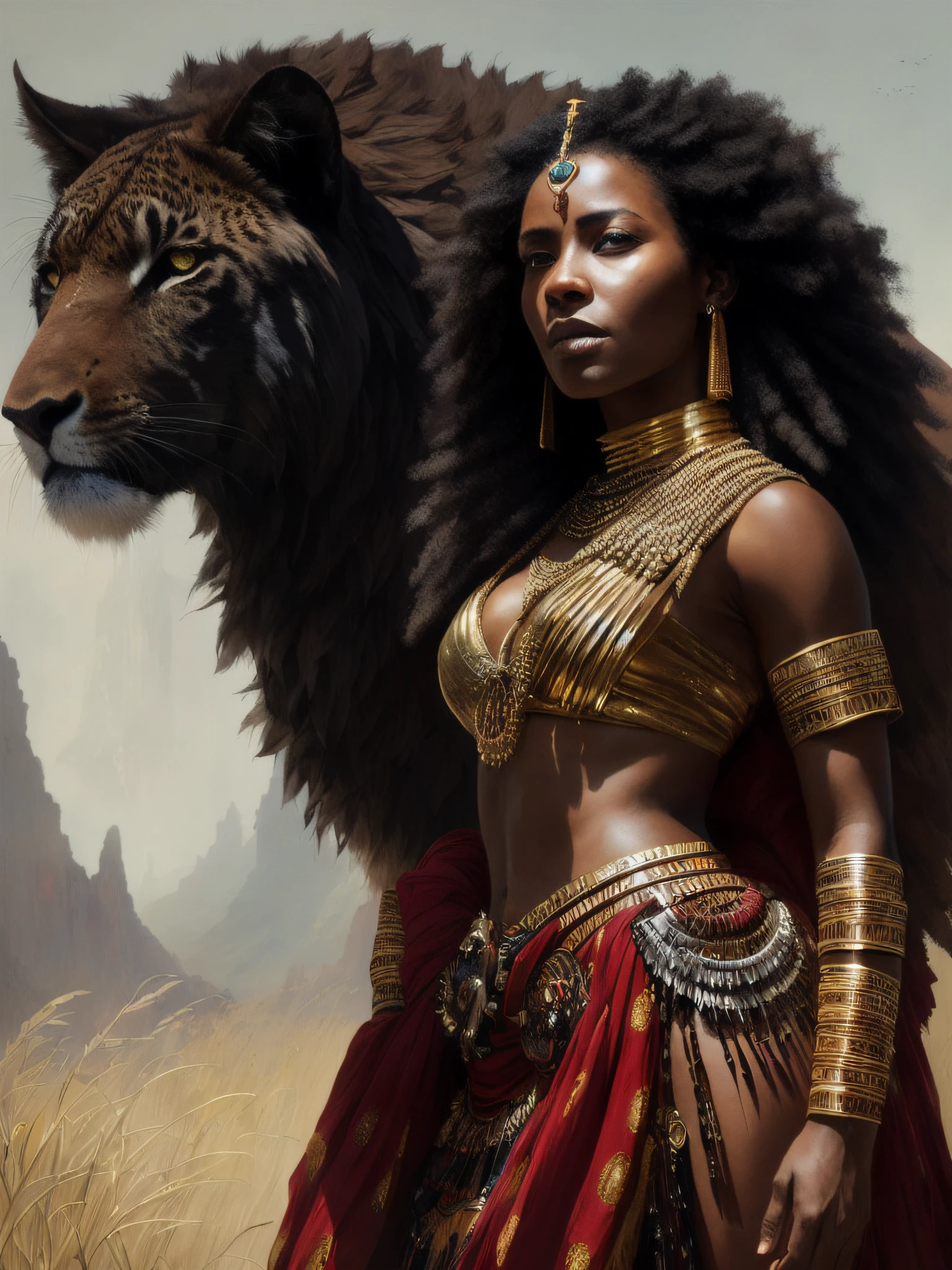 full shot body photo of the most beautiful artwork in the world featuring a tribal ((fantasy)) african queen warrior woman , With an outfit made of exotic animal skin,(sitting:1.2),(from_side:1.3), majestic oil painting by Ed Blinkey, Atey Ghailan, Studio Ghibli, by Jeremy Mann, Greg Manchess, Antonio Moro, trending on ArtStation, trending on CGSociety, Intricate, High Detail, Sharp focus, dramatic, photorealistic painting art by midjourney and greg rutkowski