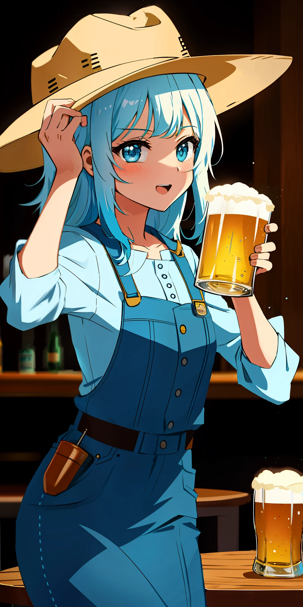anime girl in a hat holding a beer glass in front of a bar, holding a beer!!, holding beer, drinking beer, anime moe artstyle, holding a beer, drinking a beer, anime girl drinks energy drink, 2 d anime style, loli, aqua from konosuba, with a drink, cushart krenz, splash art anime loli