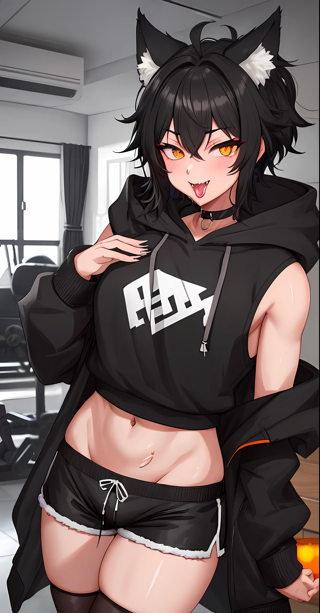 ((1boy)), big sharp wolf ears, large fluffy wolf tail, black short messy hair, black hoodie, gym booty shorts, vibrant amber eyes, black thigh highs, masterpiece, good quality, smug, slightly nsfw, has a big butt and big thighs, living room setting, teasing, seductive, toned abs, boy, bulge, canine fangs, saliva dripping from tongue, lewd