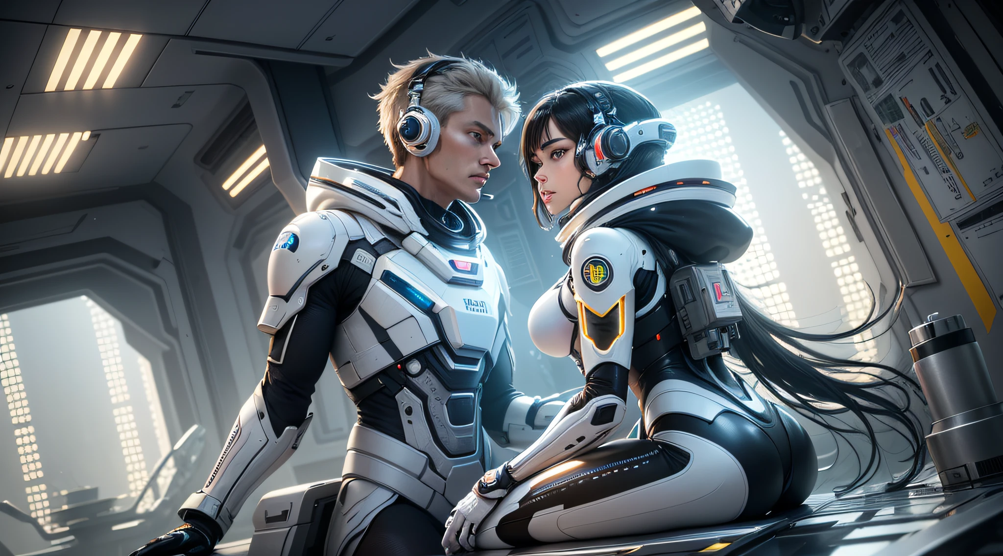 (woman 45 years: 1.3), (man 46 years: 1.3), __body-parts__, official art, unity 8k technology, photography, photorealism, ultra detailed, medium depth of field, beautiful and aesthetic, beautiful, masterpiece, maximum quality, RAW, masterpiece, super thin photo, best quality, overall plan, top view, dynamic angle, super high resolution, photorealistic, natural light, full body portrait, incredibly beautiful, dynamic pose, delicate face, vibrant eyes, (side view), man and woman sitting wearing a futuristic space suit, white, black and gold, highly detailed control center background, detailed face, complex background detailed busy, organized, beautiful, milky, highly detailed skin, realistic skin details, visible pores, sharp focus, volumetric mist, 8k uhd, dslr camera, maximum quality, film grain, Mixed skin, photorealism, lomography, interior of expanding orbital station in a futuristic dystopia, view from above, translucent --auto --s2