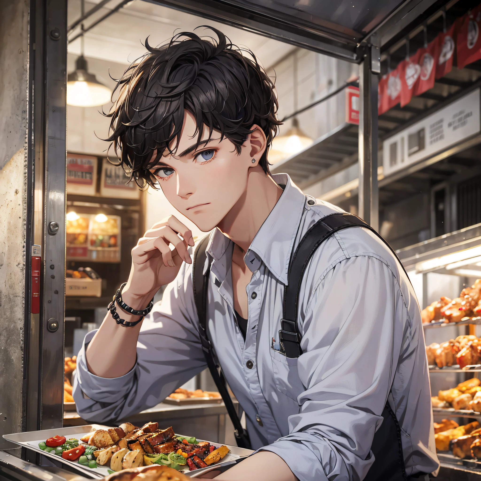 Absurd resolution, high resolution, (masterpiece: 1.4), hyper-detail, night, in front of barbecue food stall, young man dressed up with messy black short hair welder, depressed expression