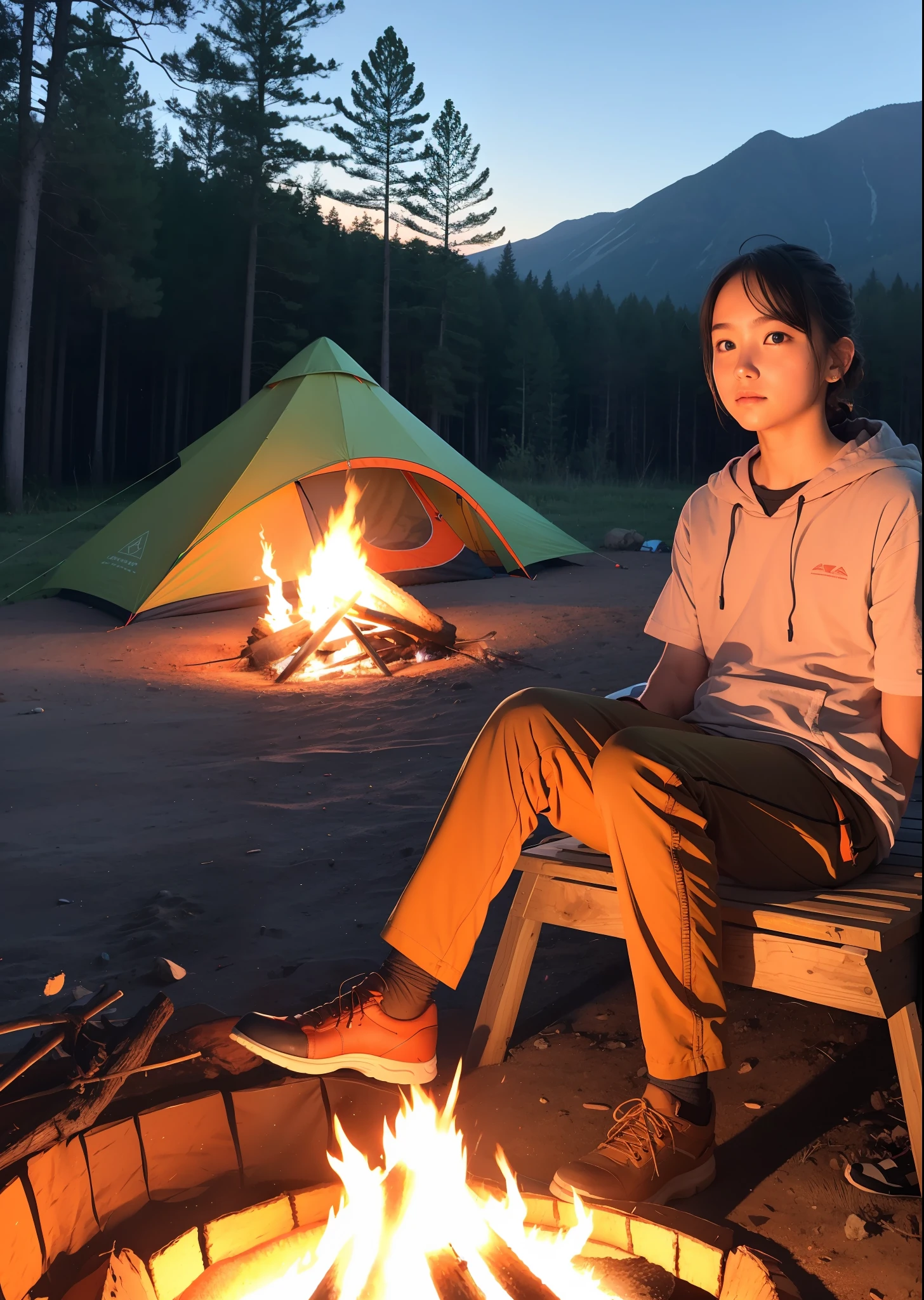 (sfw), A man sitting in front of a campfire with a tent in the background, perfect quality, sharp focus, colorful, perfect anatomy, perfect face, girl, intricate detail