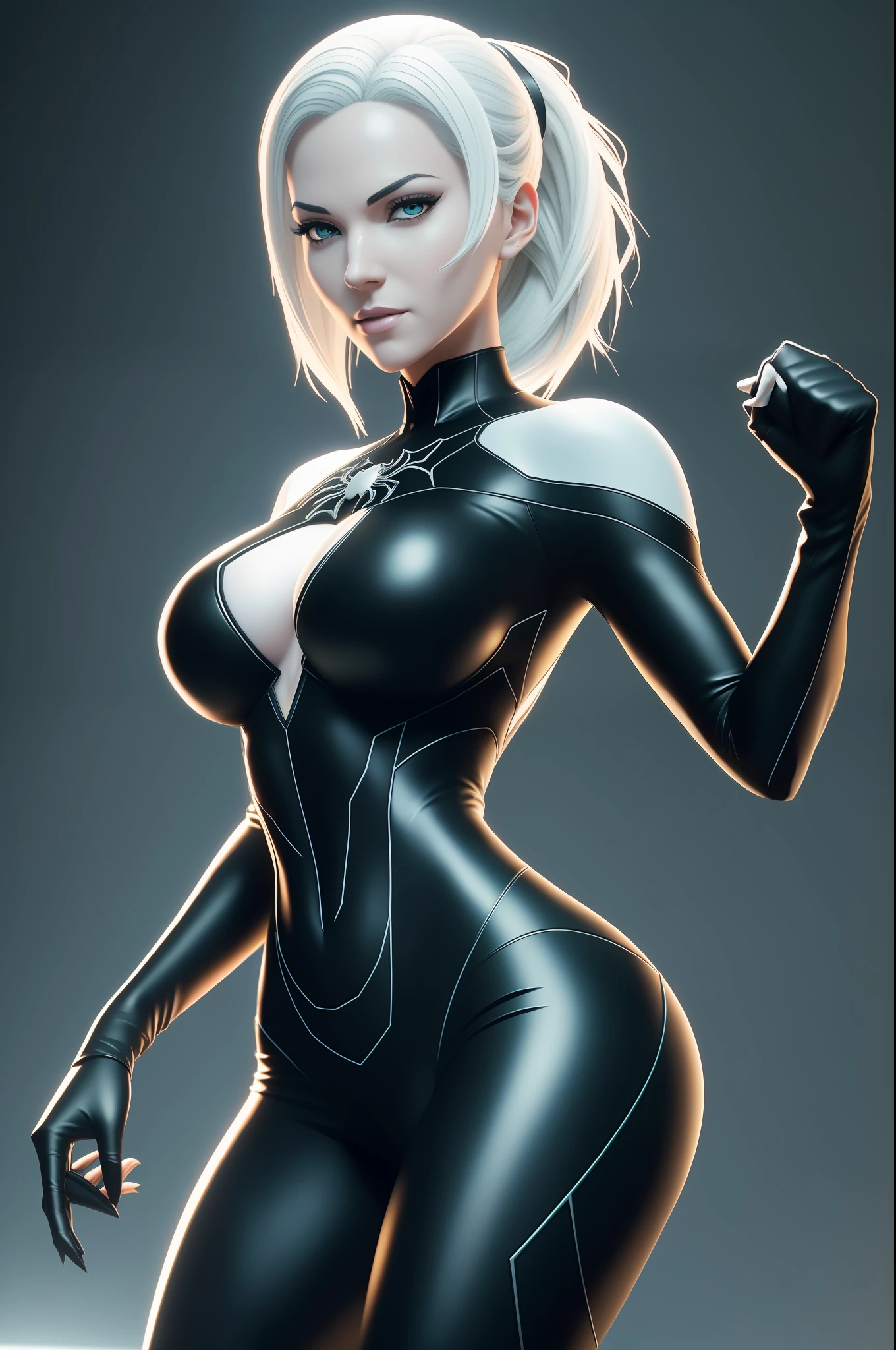 Ghost Spider, realistic image of Gwen in a black outfit with spider in the center of her chest in white, (large breasts: 2.0), (perfect abdomen), (big ass: 2.0), organic looking outfit, symbiote, green eyes, fine art, cinematic screenshot, highly detailed cinematic rendering, ultra photorealistic raytricing, with cinematic lighting --auto --s2