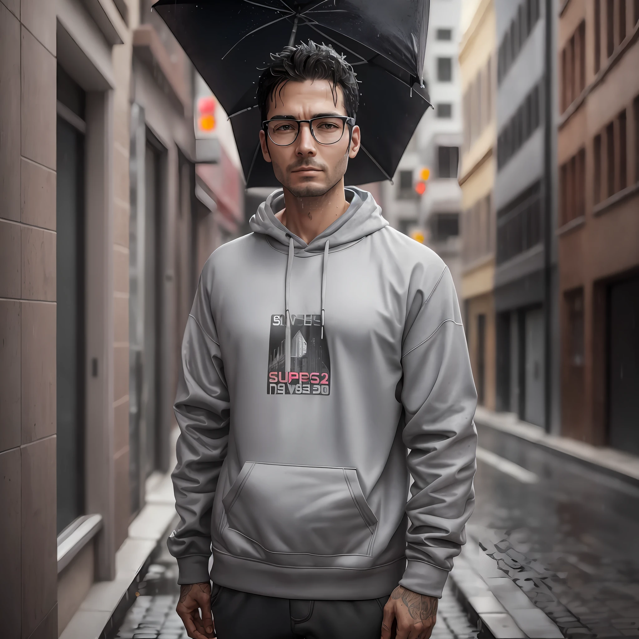 Macro zoom on face, looking up, wet skin from the rain, Surrealism, 8k, super detail, man, 30 years old, sneakers, gray sweatshirt, standing on a sidewalk, urban center, wears dark frame glasses, it's raining, the drops fall on the skin of his face, he has a low, thin beard --auto --s2