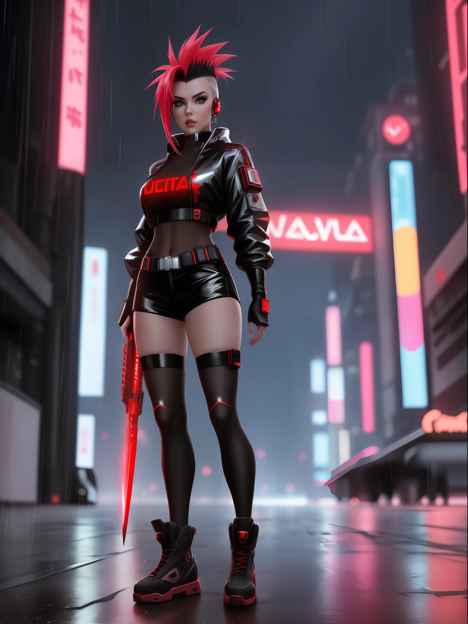 (full body photo:1.7), (A Kawaii Woman:1.5), (wearing cyberpunk red metal+ultra realistic metal outfit:1.5), (she's in a futuristic city with lots of flying cars+at night+raining hard:1.5), (she has mohawk hair roza:1.3), (she has blue eyes:1.3), (she's holding futuristic weapons+sorting+staring at the viewer:1.5),  Hyperrealism, 16k, best quality, high details, UHD