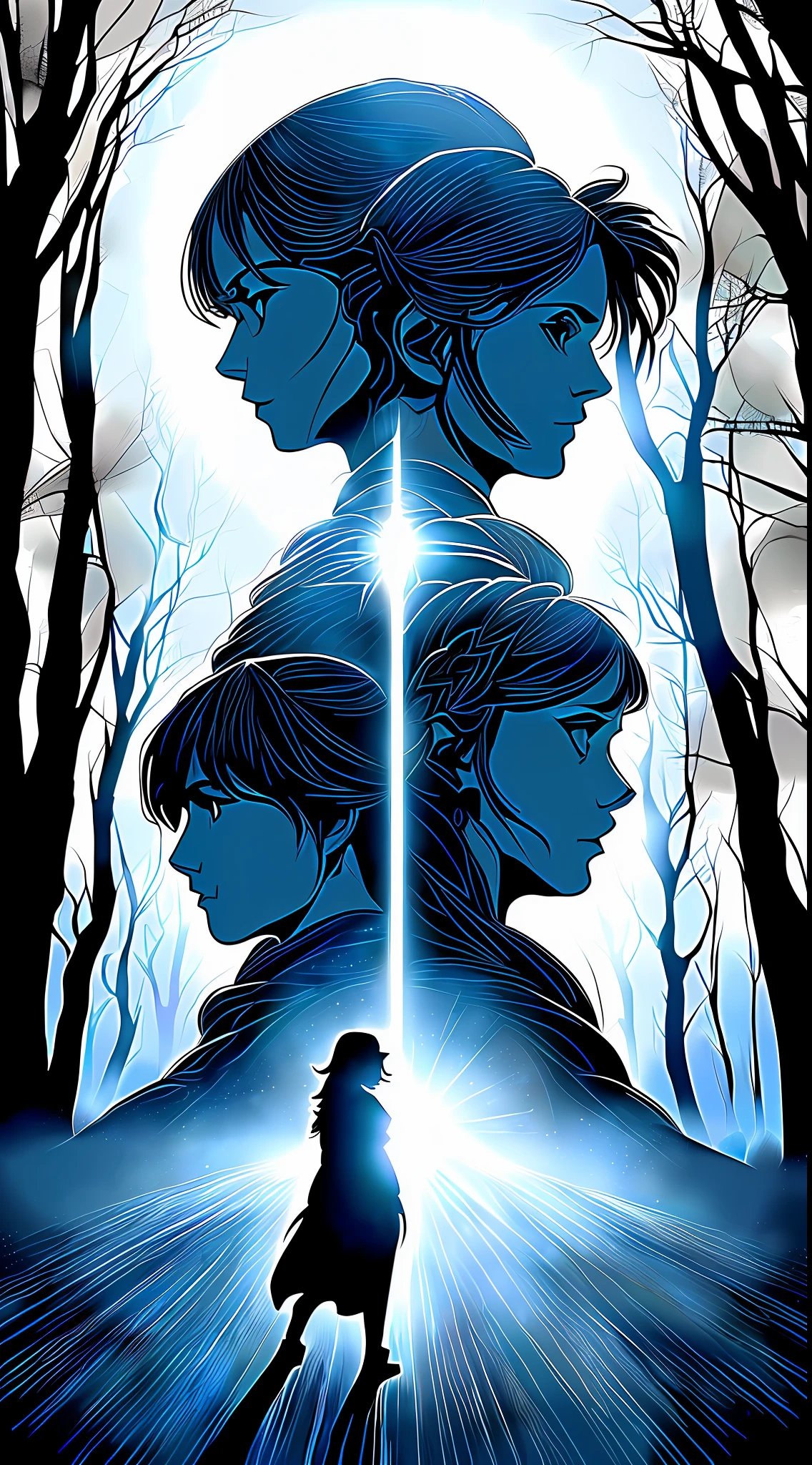 The cover illustration of Chapter 4: "The Meeting of Helena and the Dark Blade" presents a pivotal moment in the story when the fates of these two characters intersect. The scene conveys a sense of anticipation and connection.
In the center of the image, Helena and Dark Blade are positioned face to face. Helena is portrayed as a determined figure, with her confident posture and serious expression. She holds her bow tightly, ready for any challenge that may arise. Dark Blade, for his part, remains shrouded in his dark and enigmatic aura, his blade glowing with a mysterious twist.
The lighting of the scene is soft, highlighting the faces of the characters and creating a halo of light around them. This symbolizes the remarkable encounter and the beginning of a shared journey.
In the background of the illustration, a symbolic environment can be represented that reflects the journey that these characters will face together. It could be a mysterious landscape, an enchanted forest, or a city in ruins. These elements add depth to the image and reinforce the idea of an impending adventure.
The color palette used can be composed of contrasting tones, such as the contrast between the dark blue and the soft orange of the sunset, representing duality and the meeting of opposing forces.
The cover illustration of Chapter 4 captures the thrilling moment when Helena and Dark Blade meet, signaling the beginning of a joint journey. It conveys the connection and potential for collaboration between these characters, as well as the promise of adventures and challenges that await them.