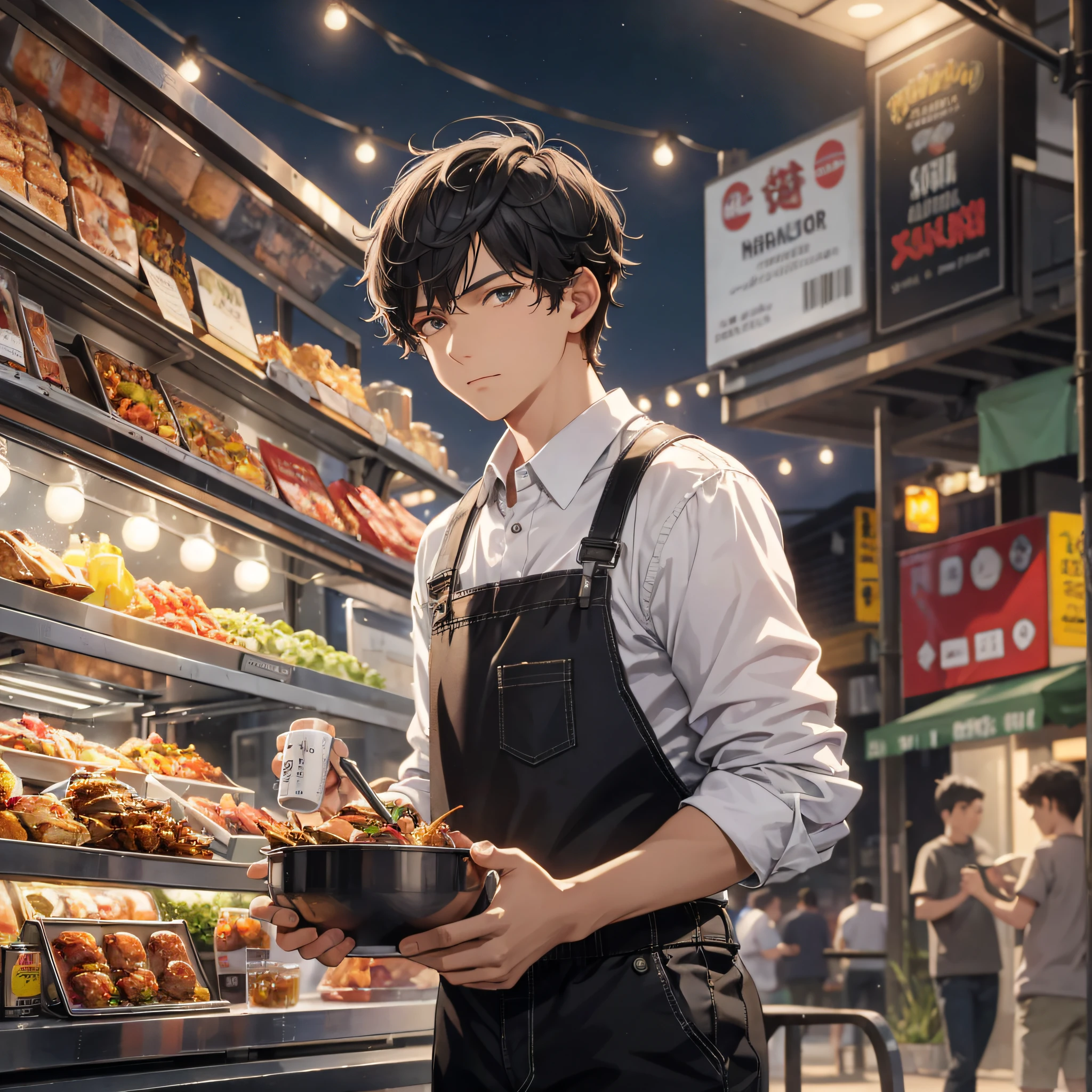 Absurd resolution, high resolution, (masterpiece: 1.4), hyper-detail, night, in front of barbecue food stall, young man dressed up with messy black short hair welder, depressed expression