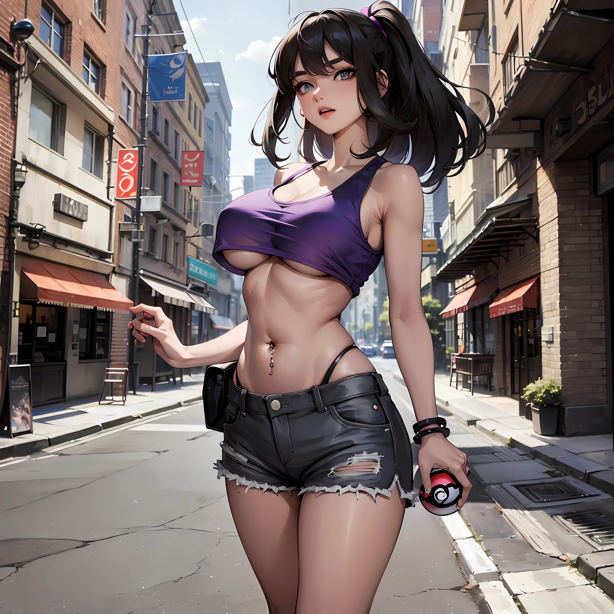 16k, UHD, Best quality, Hyperrealistic, Sabrina from pokemon, short purple tank top, large boobs, belly button piercing, beautiful girl, exposed torso, cityscape, long straight black hair, white sneakers, very short white shorts, green bracelets, leaning against brick wall, underboob, hair let down, holding pokeball