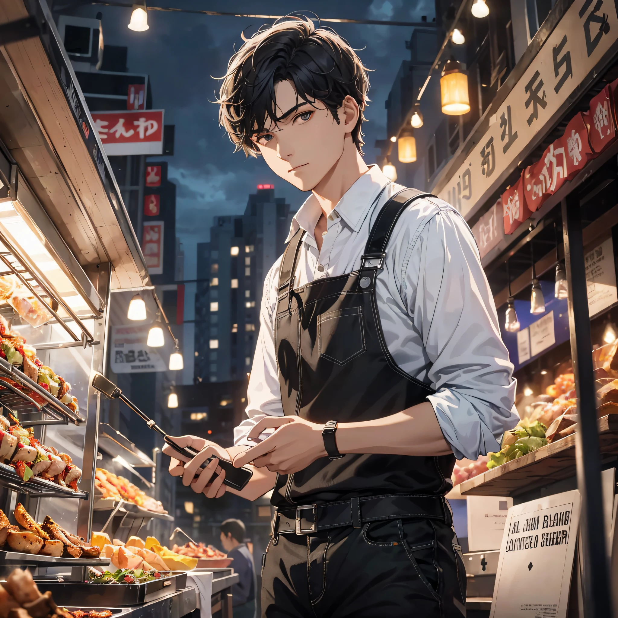 Absurd resolution, high resolution, (masterpiece: 1.4), hyper-detail, night, in front of barbecue food stall, young man dressed up with messy black short hair welder, depressed expression