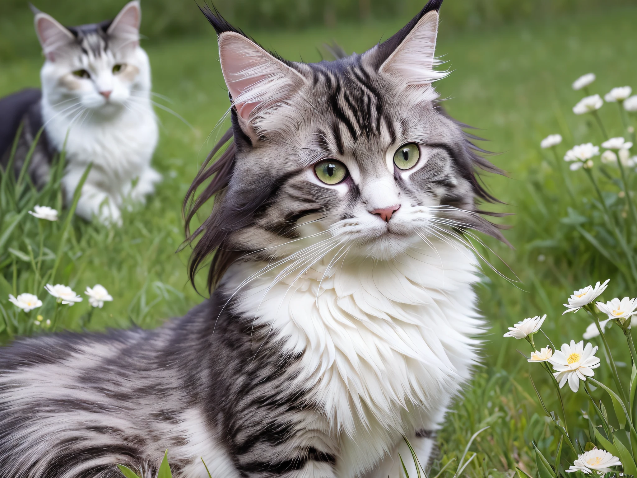 1cat, Maine Coon, Coon Cat, Maine Shag, white cat, in a meadow, sit, during, sitting on the prairie, long hair, beautiful delicate eyes, puffy eyes, very detailed eyes and face, face with light, cute, best quality, masterpiece, illustration, extremely delicate and beautiful, very detailed, CG, unified, 8k wallpaper, amazing, fine details, Masterpiece, best quality, official art, very detailed CG unified 8k wallpaper, ridiculous, incredibly ridiculous, huge file size, super detailed, high resolution, extremely detailed, (best quality), (realistic, photo realistic: 1.2), 8k, soft lighting, high quality, official art, very detailed CG unified 8k wallpaper, movie lighting.