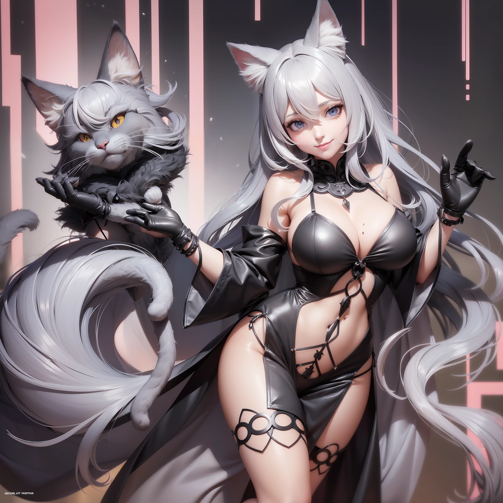 woman, full body, large breasts, light dress, blue eyes, cat ears, hair, perfect cat ears, eyelashes, detailed hands, detailed anatomy of hands, detailed eyes, expressive eyes, smiling, solo, full body, cat feet, detailed feet, anatomy of feet, white hairy neck, gray hairy body, caramel hairy legs, gray hairy arms, gray hairy face, anthropomorphic cat,  1 girls, antrum, female, furry, hairy female, gray fur, cute cat, looking at viewer, diaphragm, smiling, solo, wide hips, cat, cat ears, cat girl, cat tail, ((cat)), antrum, bipedal, black eyeshadow, large breasts, shadow, female, skin, makeup, mammal, black nose, smile, (((soil))), humanoid, animal ears, hairy, large breasts, masterpiece, HD, best quality,  gray fur, hair all over the body, smooth fur, humanoid cat, big breasts, loose dress, light dress, wavy bar dress. --auto --s2