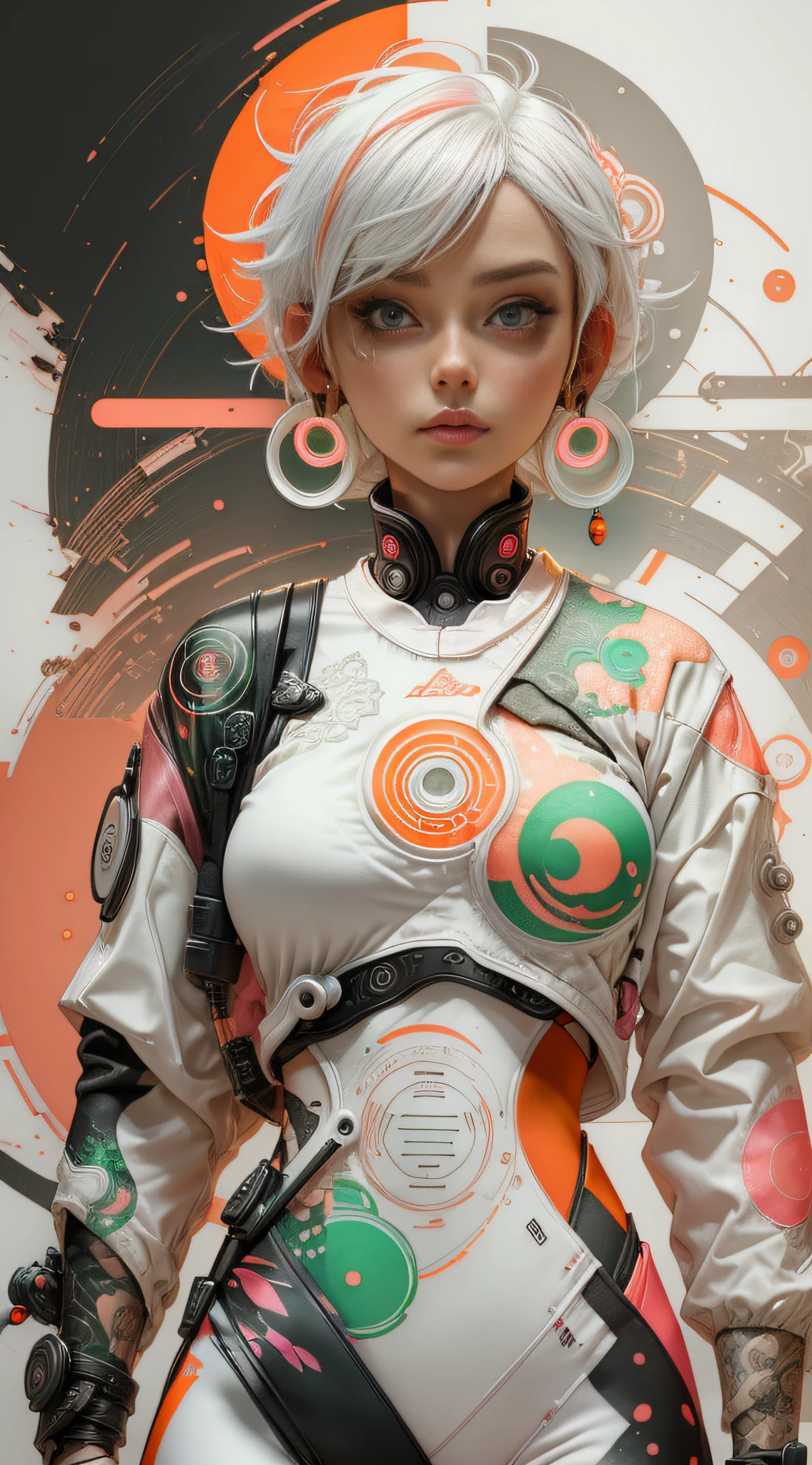 orange, pink, white, green, (white hair woman),tattoos, (techwear clothes:1.1),abstract lines and circles background