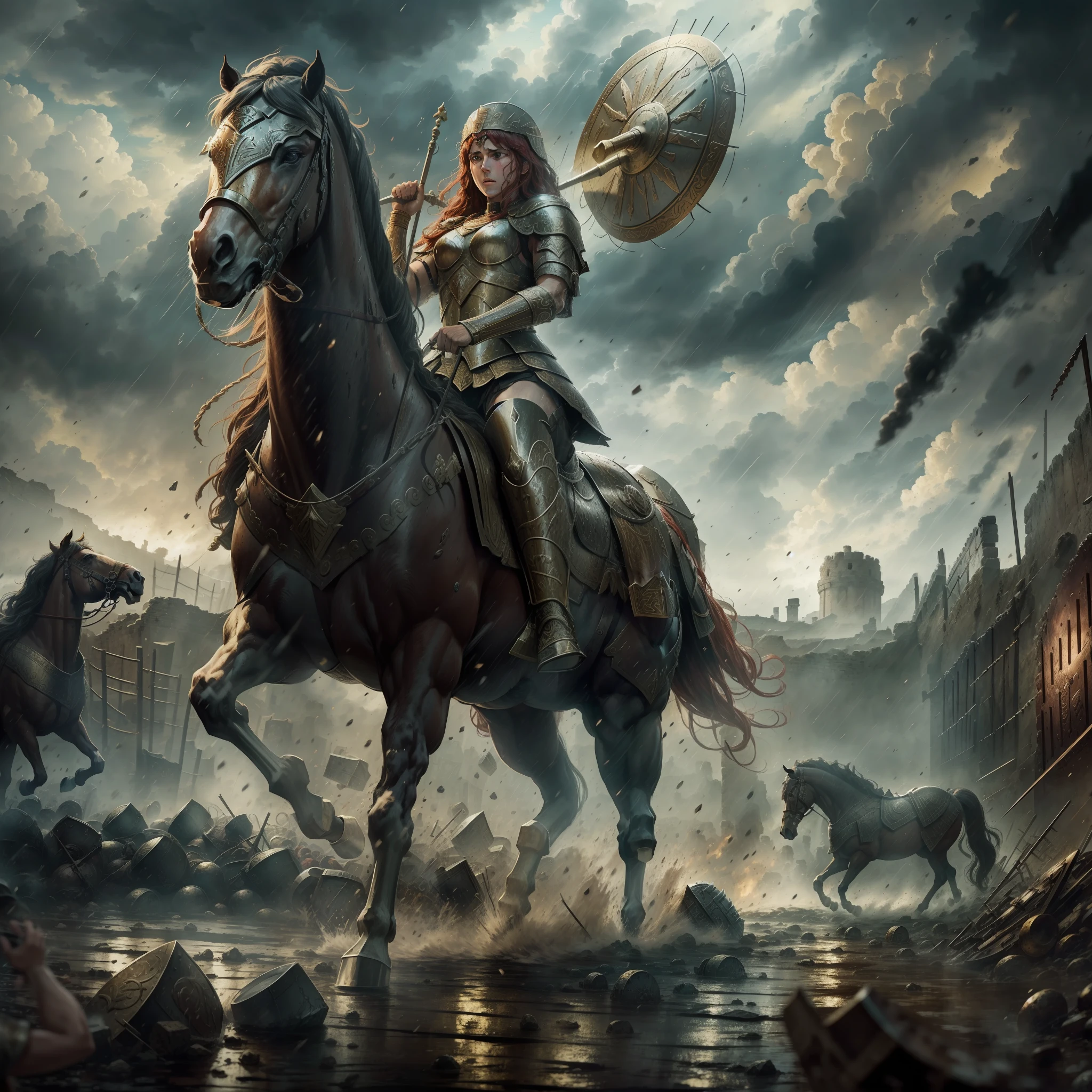roman war scene, rain of fleshas, shield wall, horses, detailed scenery, chaotic, pain, beautiful, masterpiece, perfect frame, cinematic