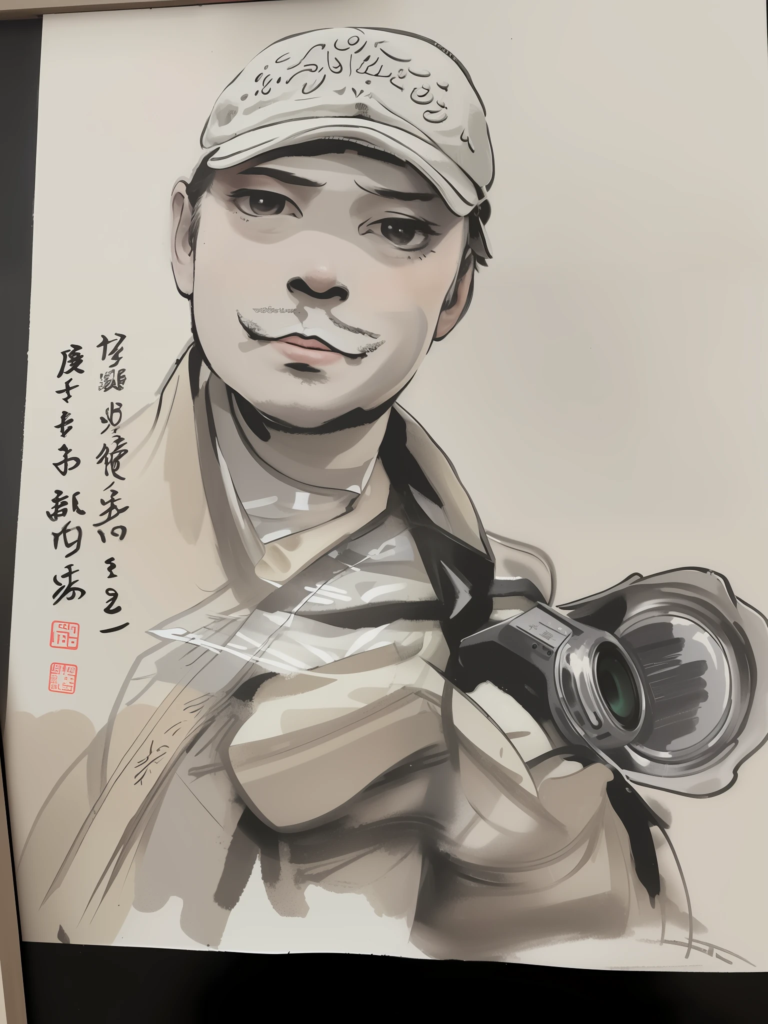 arafed drawing of a man holding a camera and a hat, by Ni Zan, chinese artist, inspired by Huang Binhong, by Dong Qichang, by Luo Zhichuan, inspired by Cui Zizhong, by Shen Quan, by Li Zai, by Zhang Sengyao, inspired by Luo Zhichuan, by Cao Zhibai